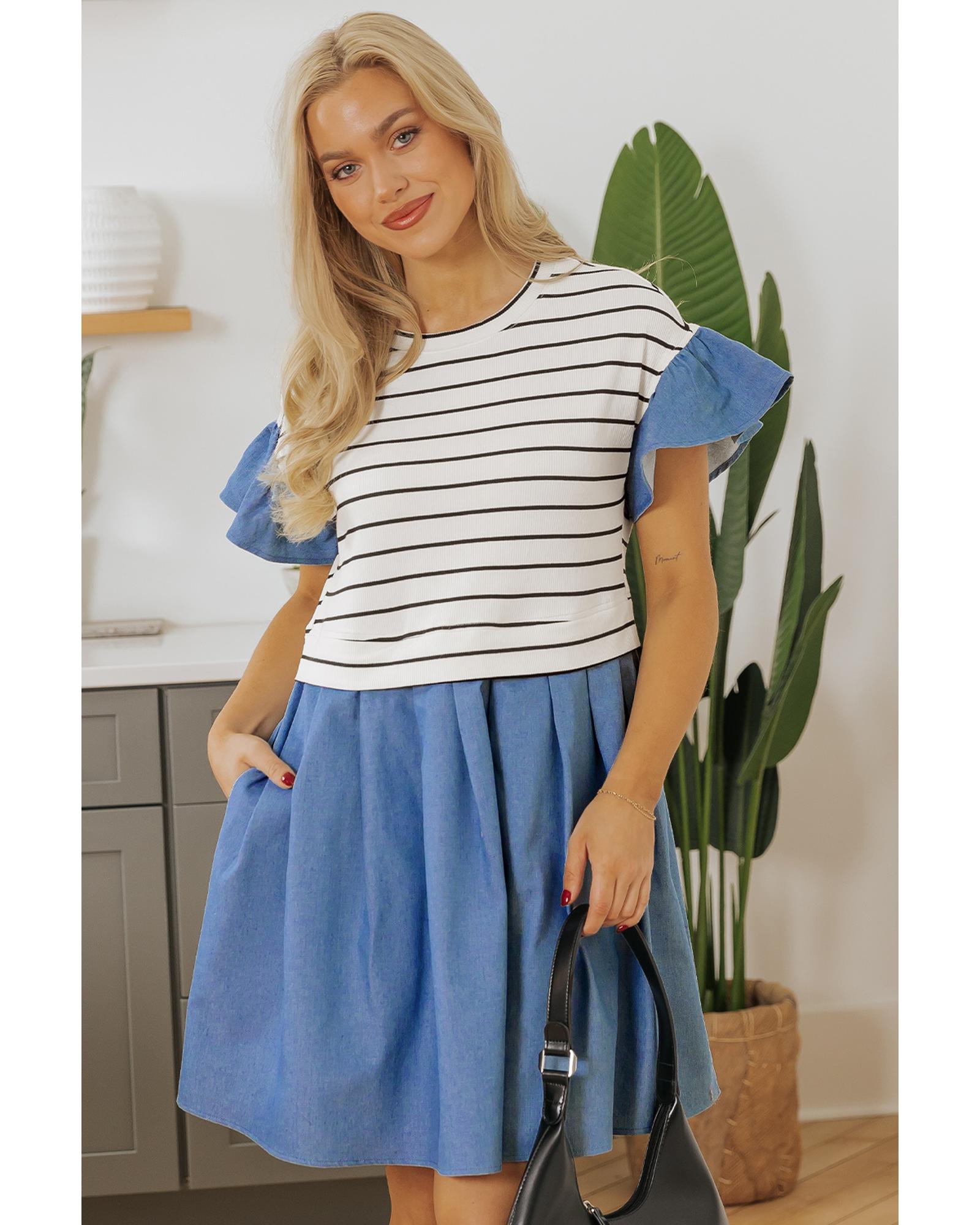 Black Stripe Ruffle Denim Patchwork Round Neck Mini Dress - L 5