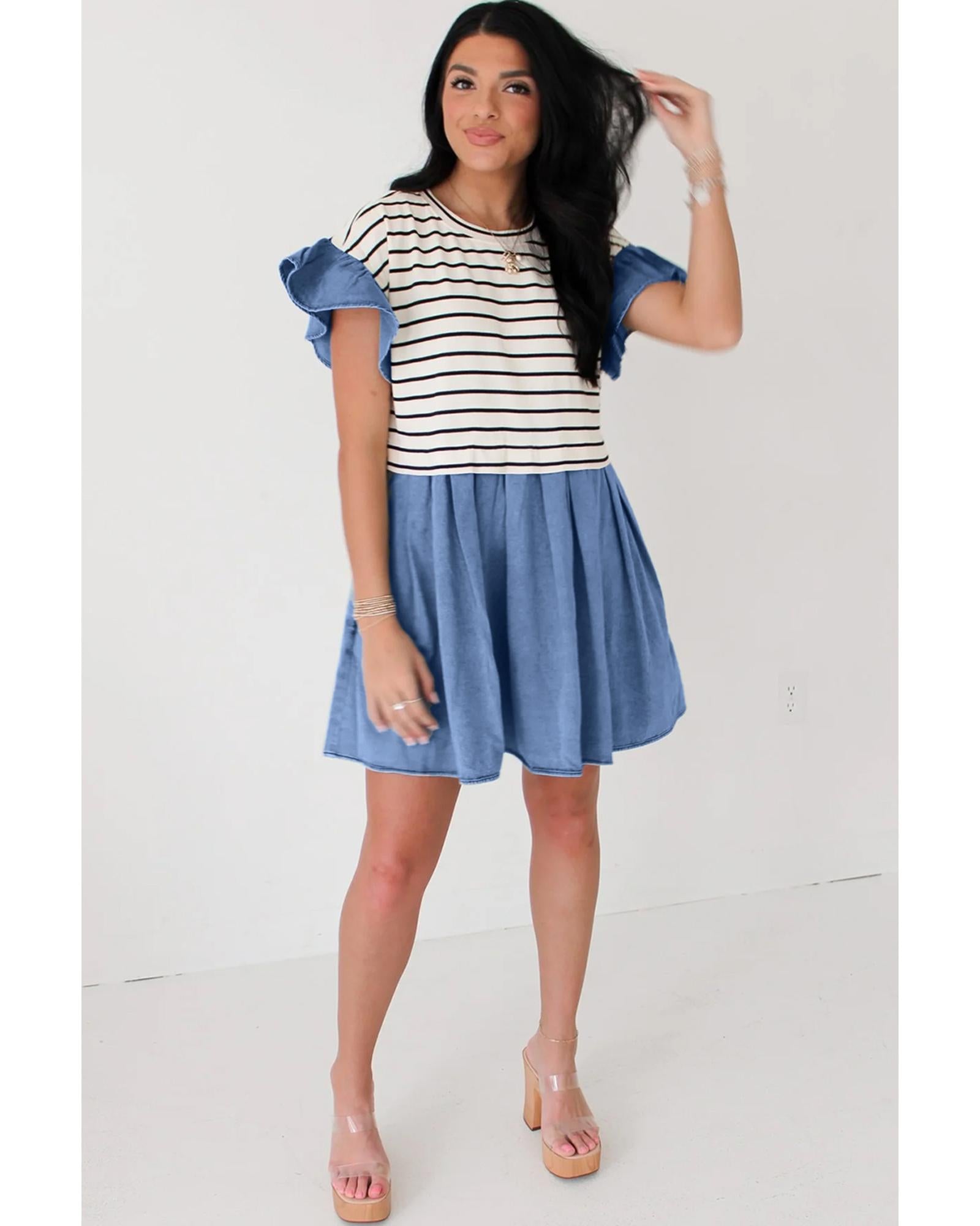 Black Stripe Ruffle Denim Patchwork Round Neck Mini Dress - L 7