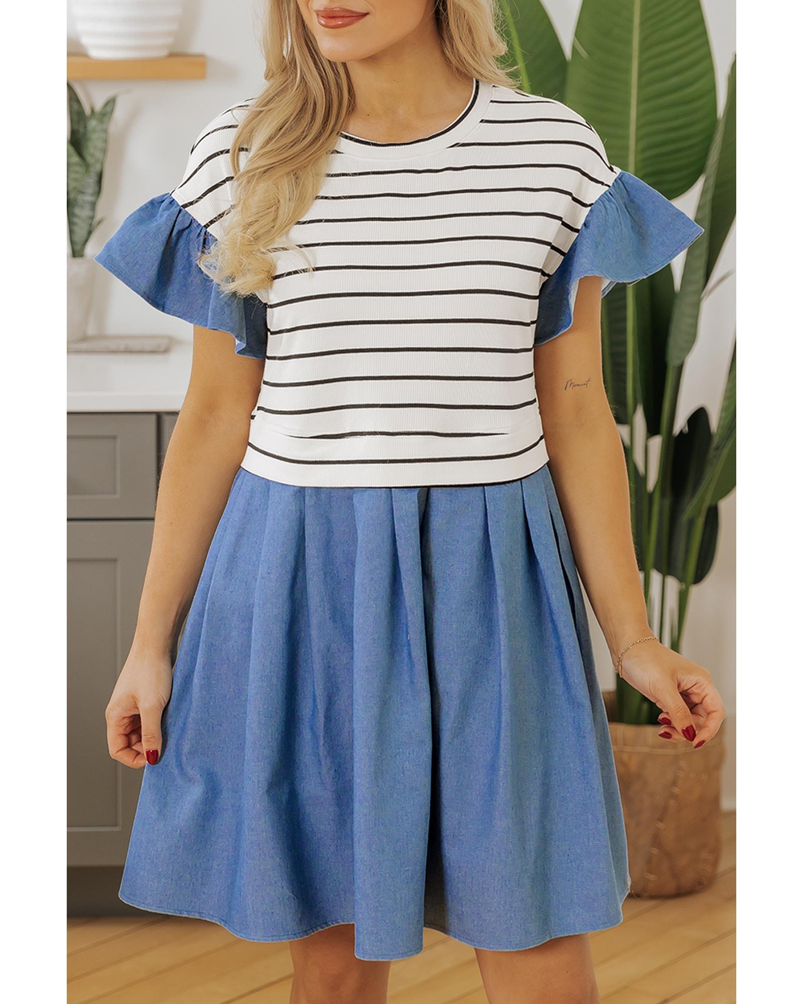 Black Stripe Ruffle Denim Patchwork Round Neck Mini Dress - L 8