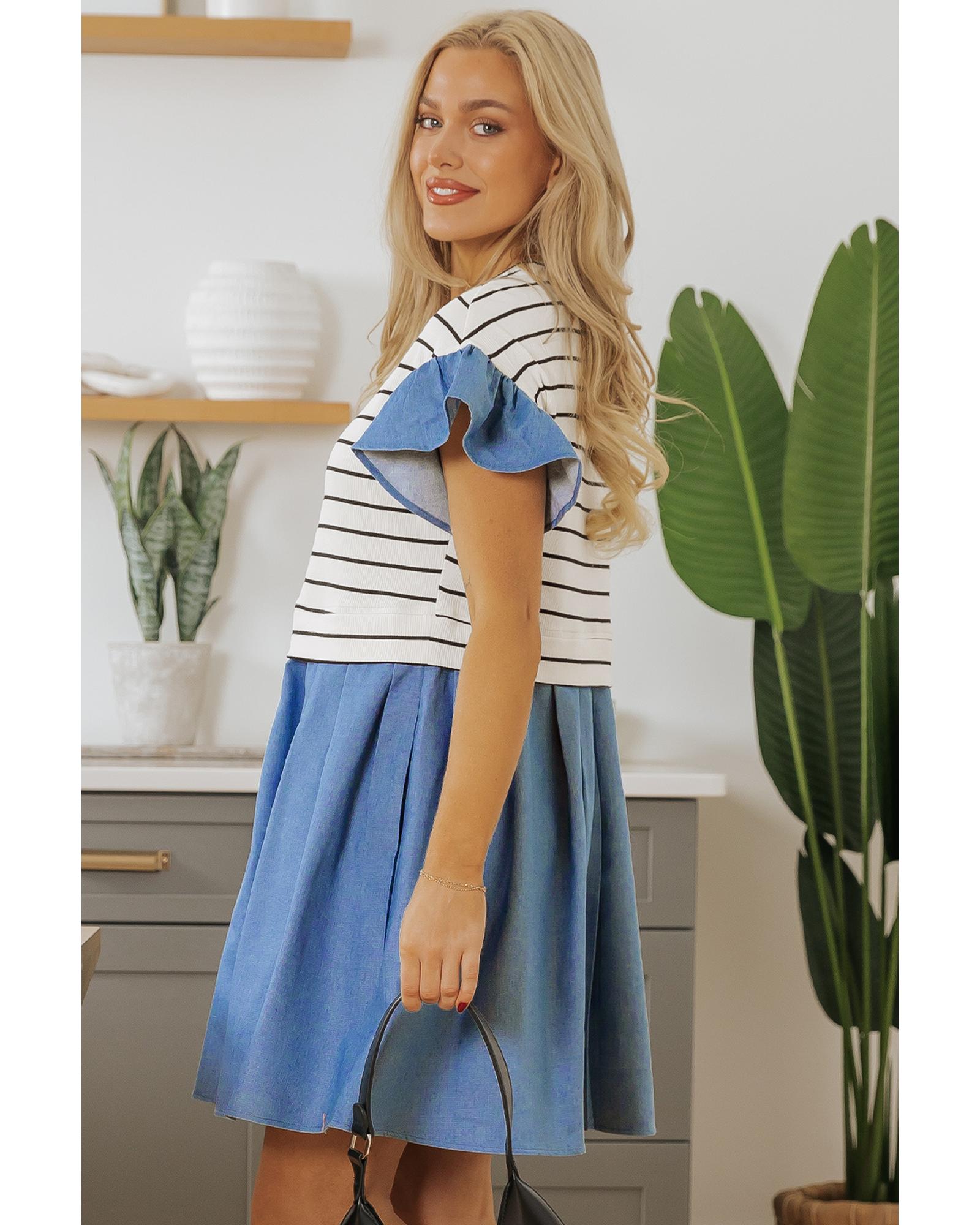 Black Stripe Ruffle Denim Patchwork Round Neck Mini Dress - XL