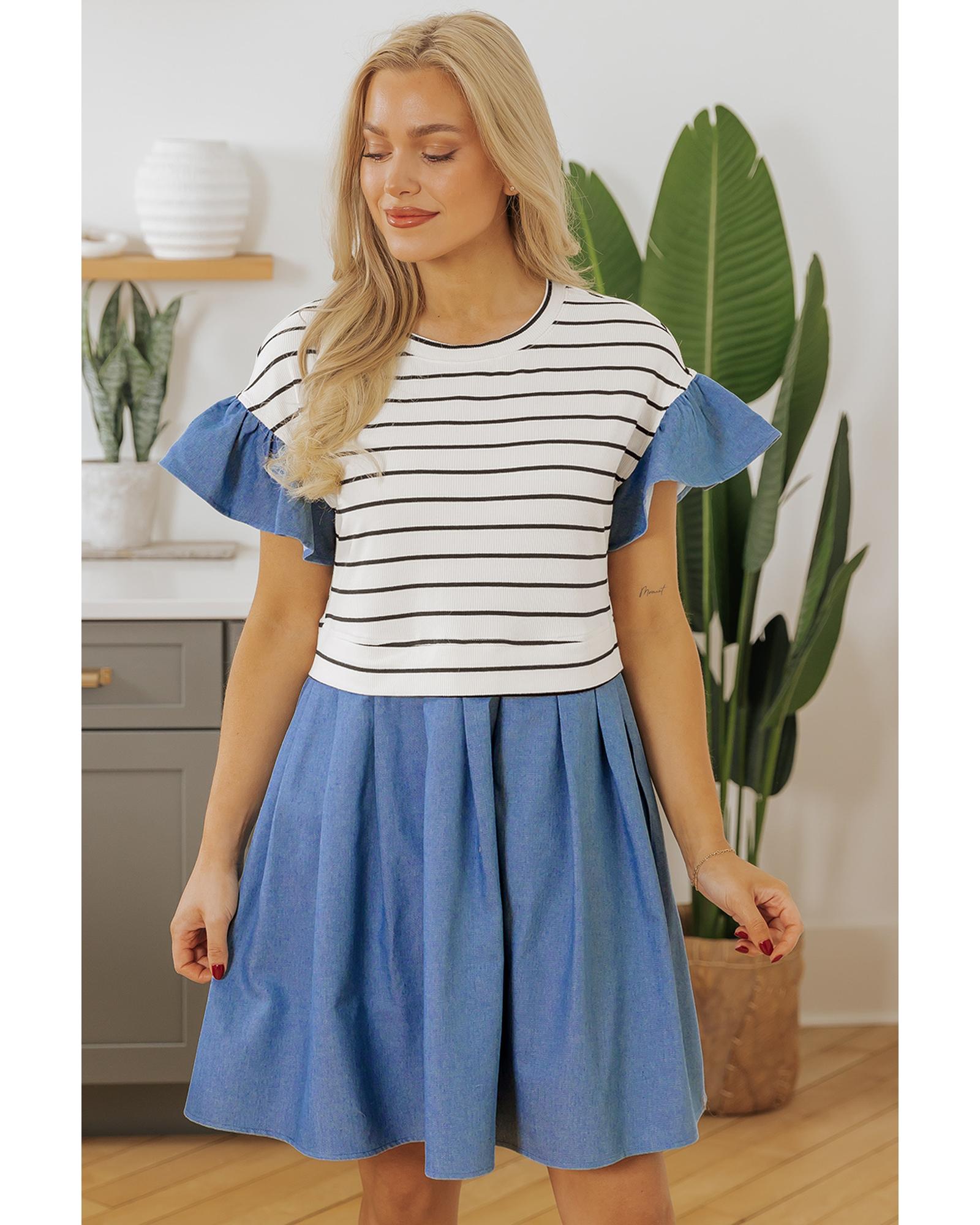 Black Stripe Ruffle Denim Patchwork Round Neck Mini Dress - XL
