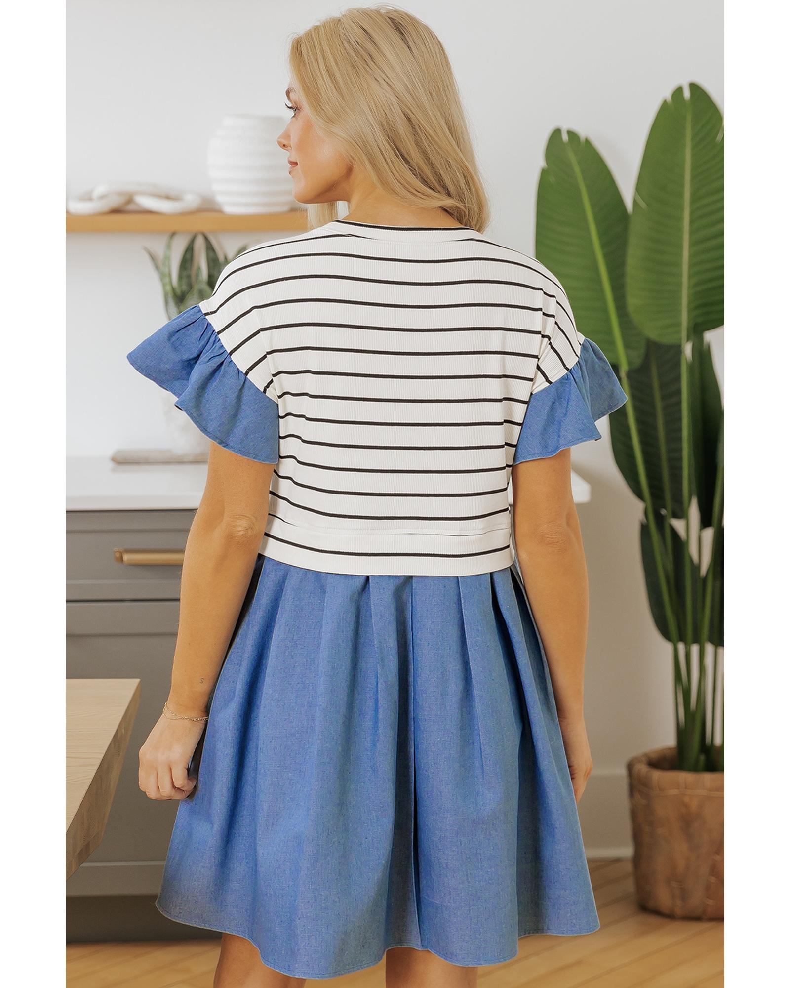 Black Stripe Ruffle Denim Patchwork Round Neck Mini Dress - XL 3