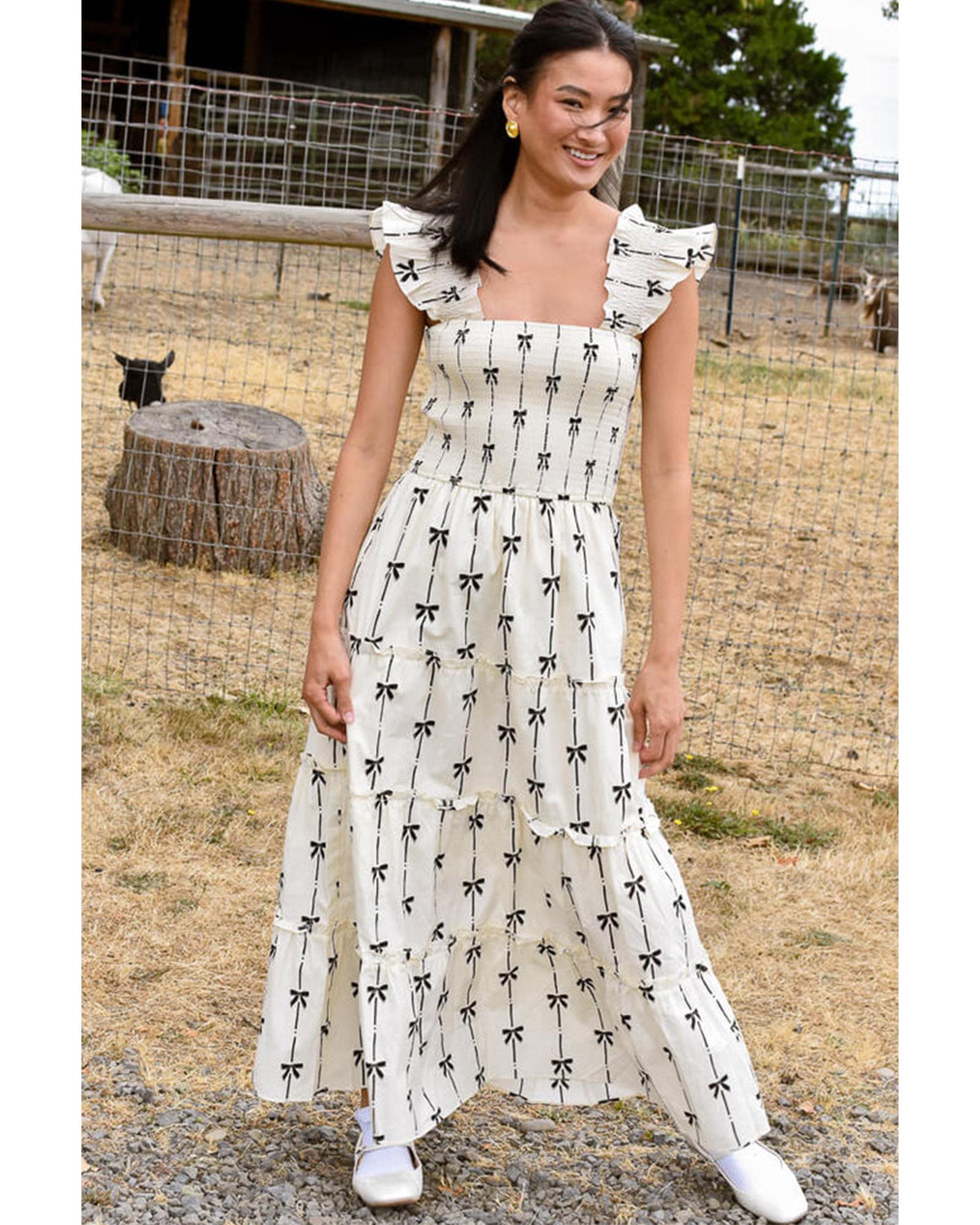 Black Bow Print Smocked Square Neck Ruffle Tiered Maxi Dress - S