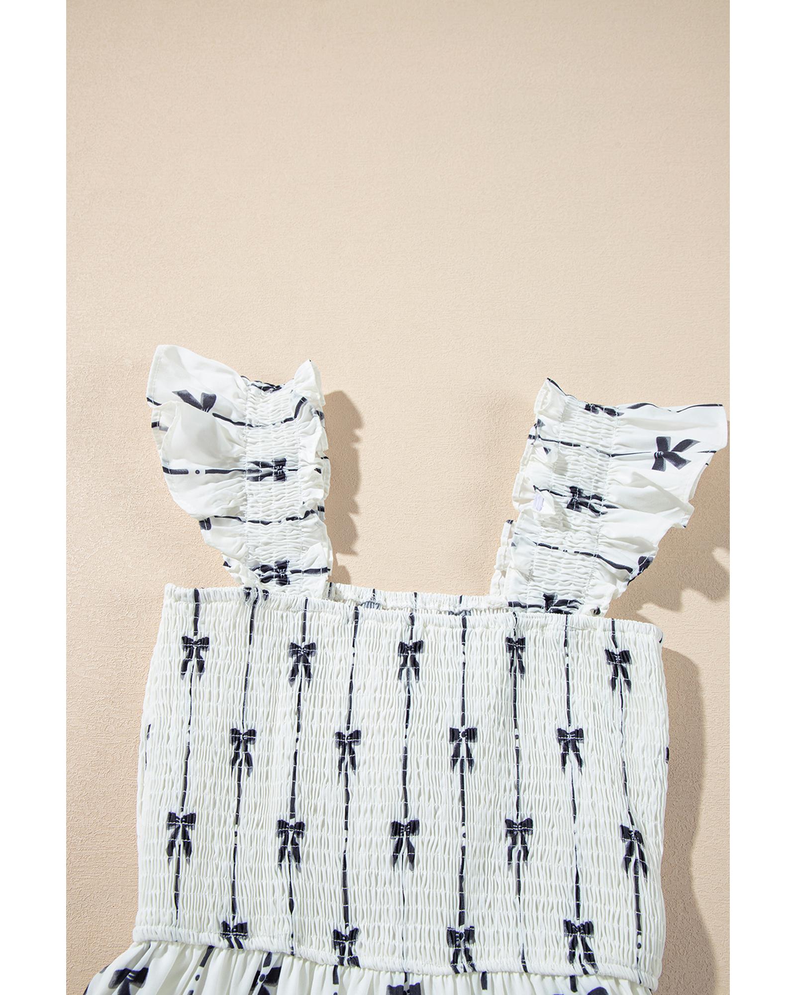 Black Bow Print Smocked Square Neck Ruffle Tiered Maxi Dress - S 3