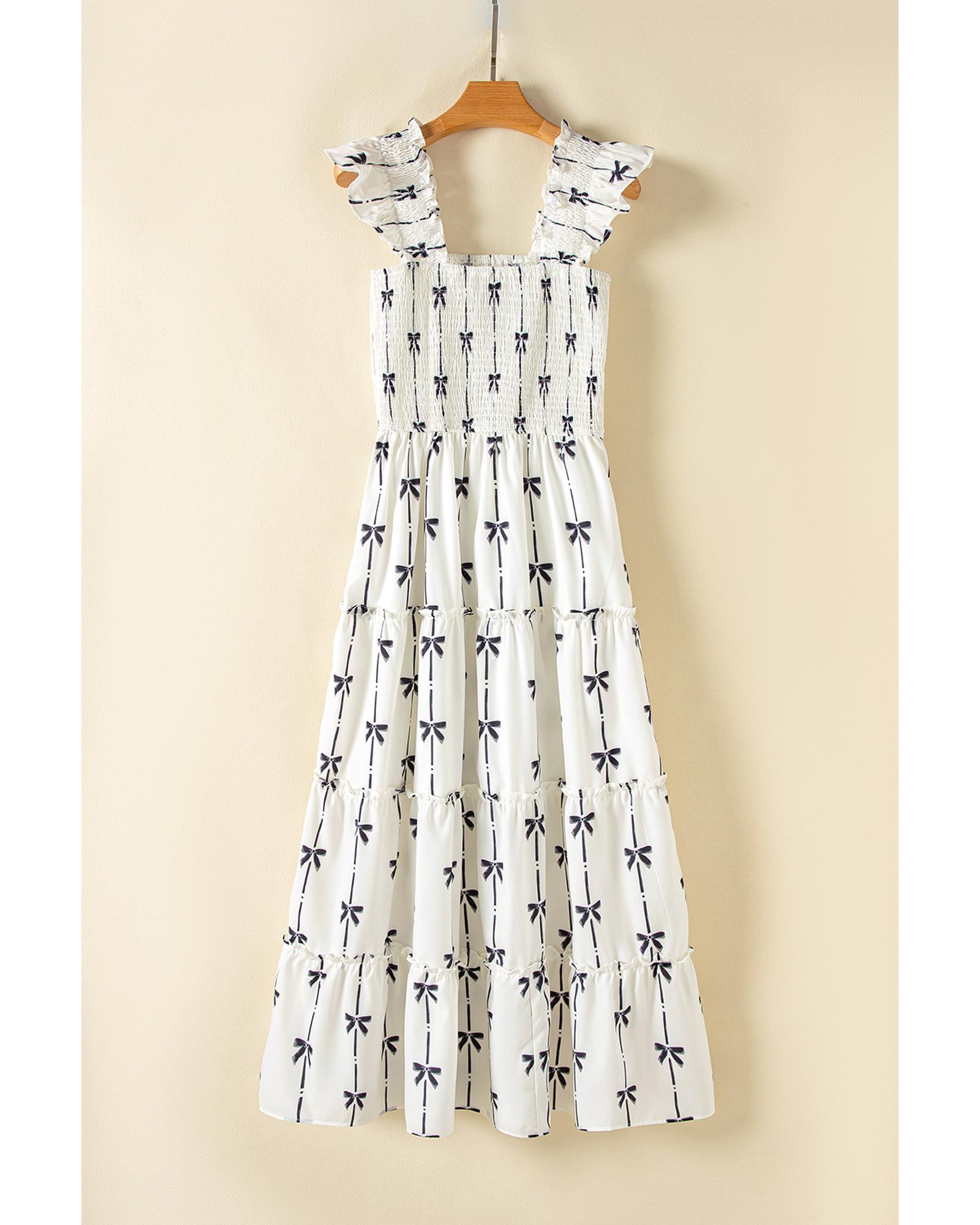 Black Bow Print Smocked Square Neck Ruffle Tiered Maxi Dress - S 4