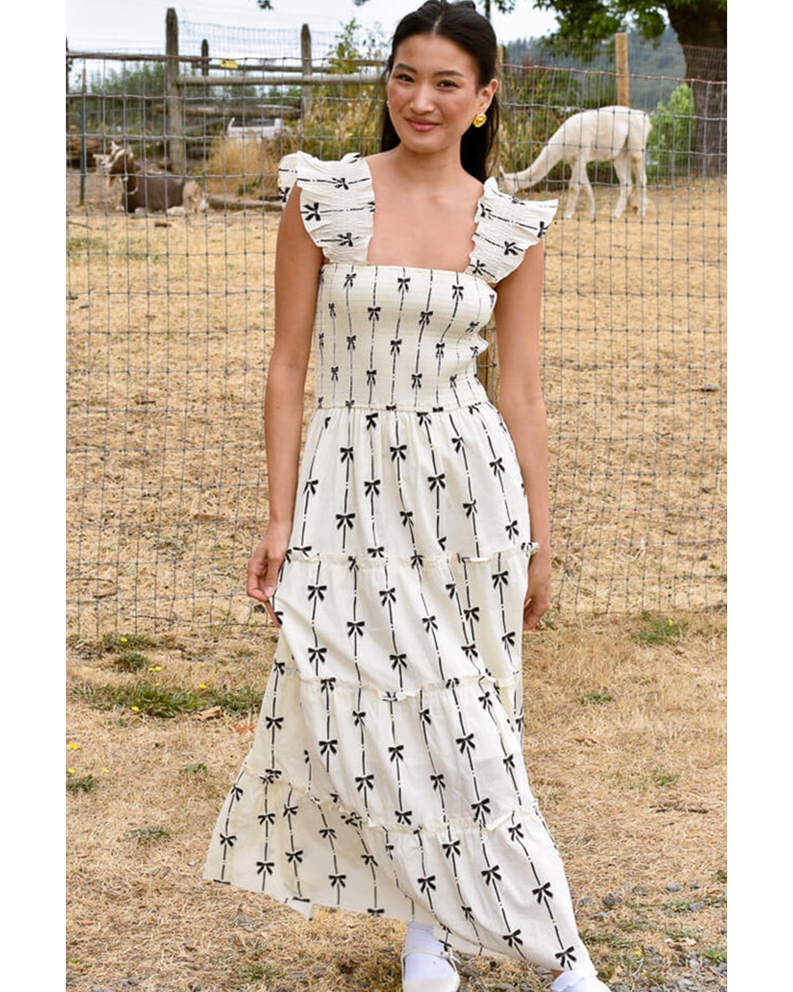 Black Bow Print Smocked Square Neck Ruffle Tiered Maxi Dress - S 6