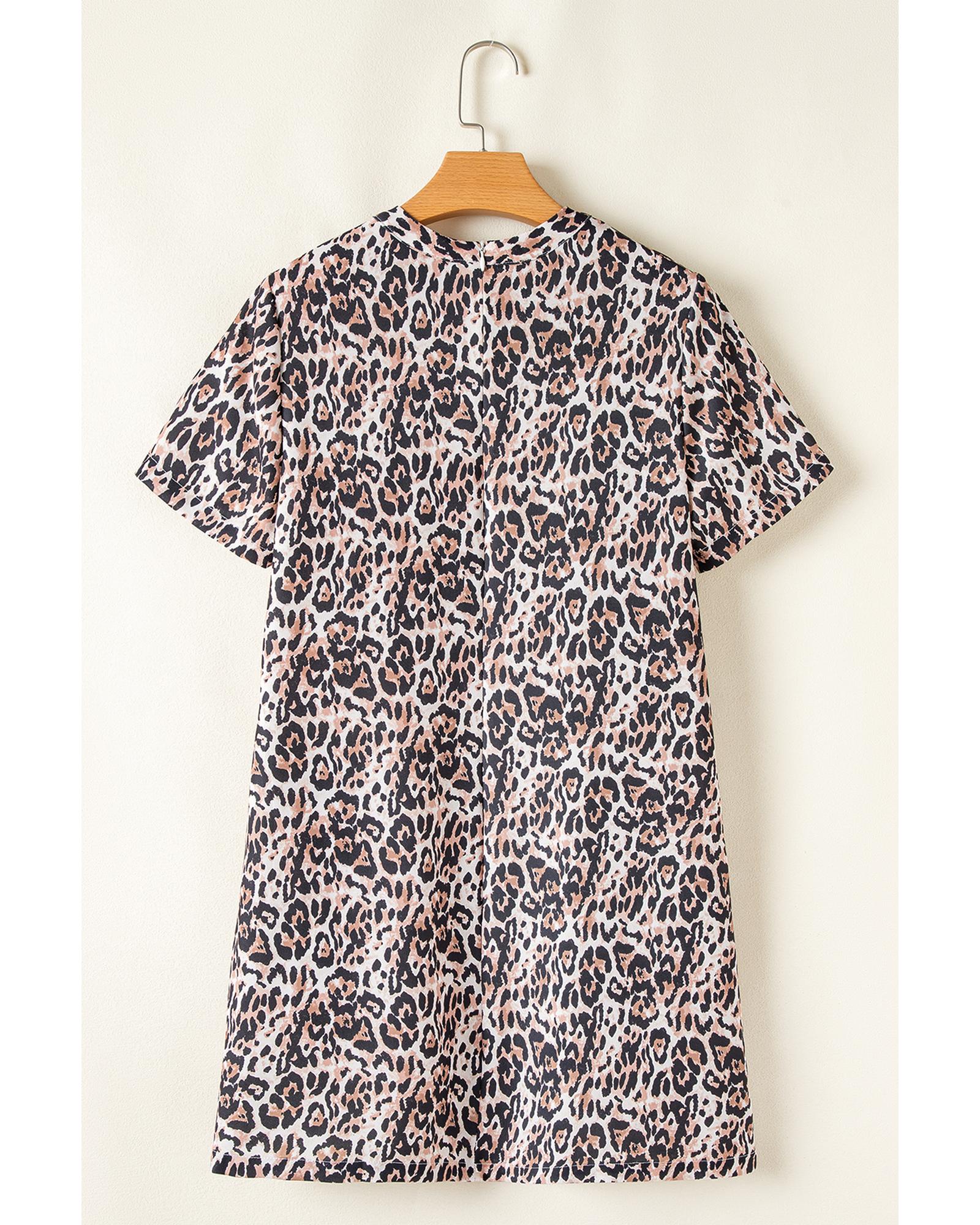 Brown Leopard Print Crew Neck Shift Short T Shirt Dress - S