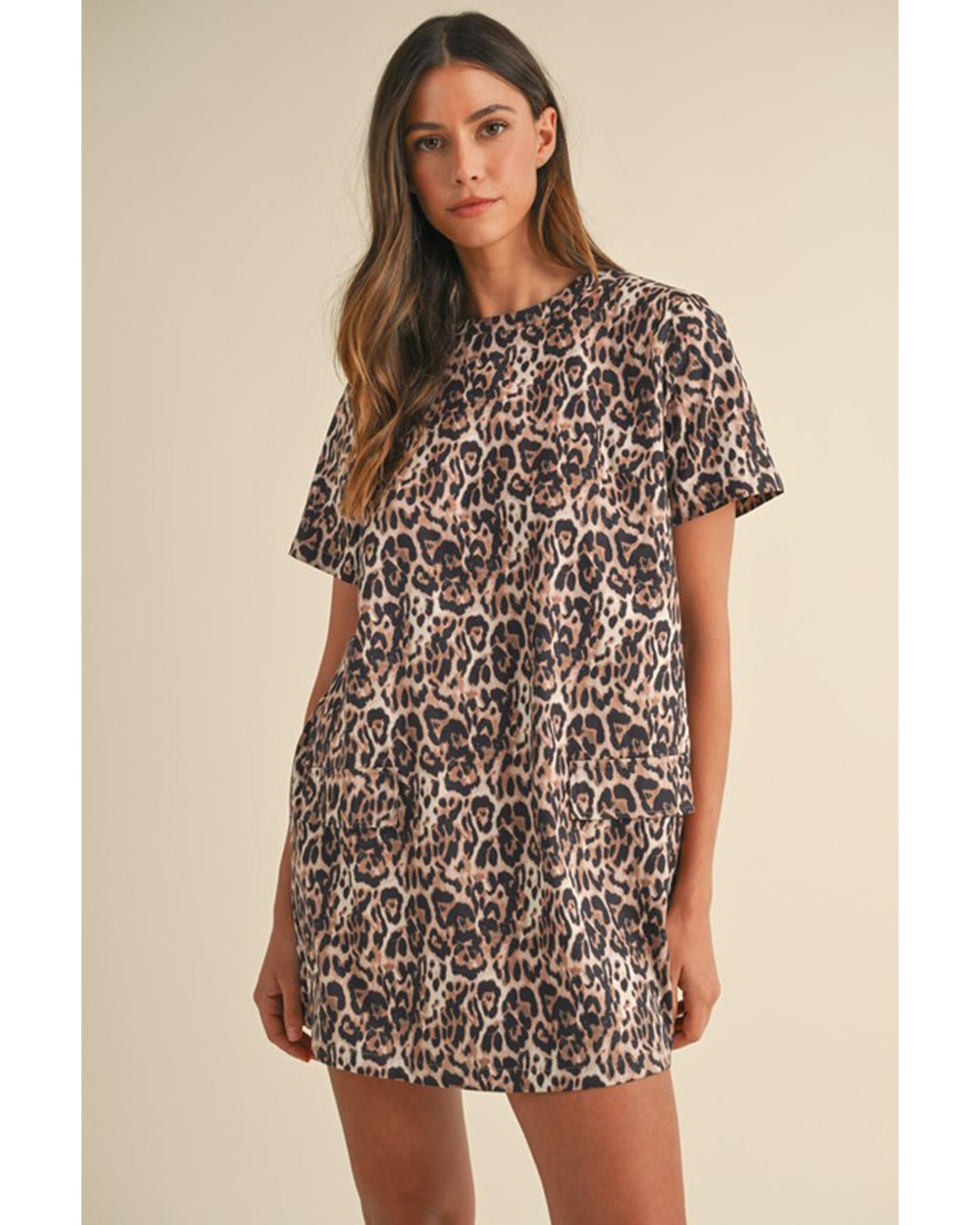 Brown Leopard Print Crew Neck Shift Short T Shirt Dress - S 3