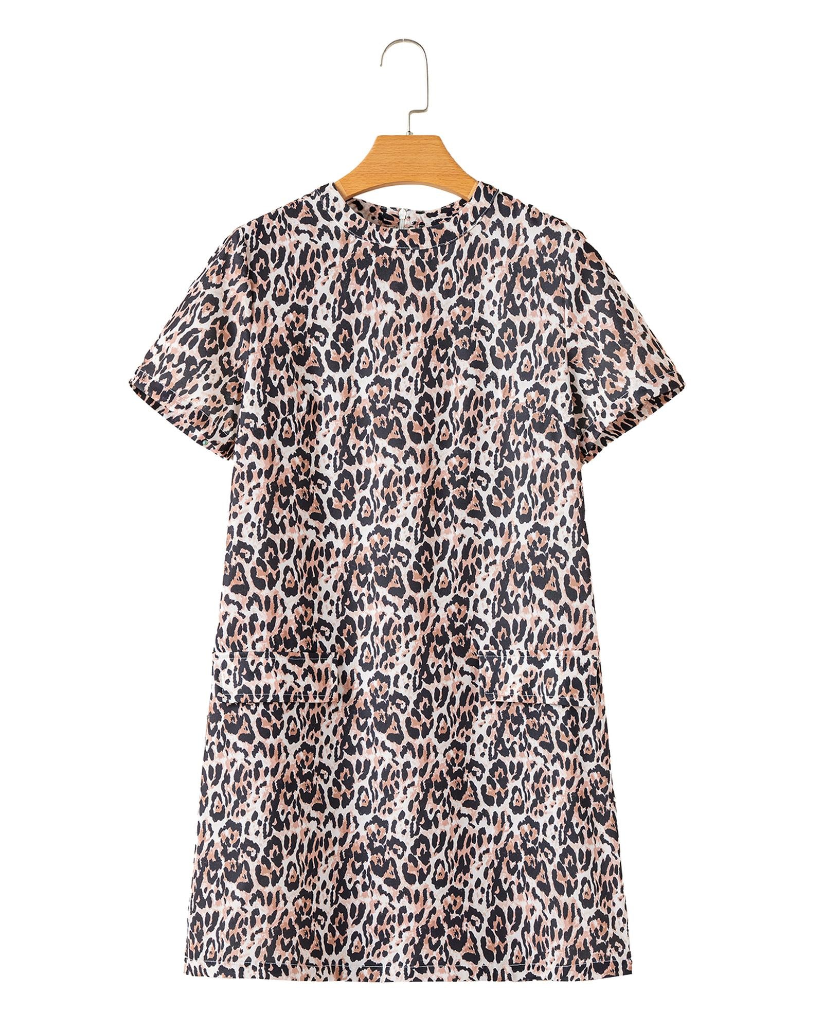 Brown Leopard Print Crew Neck Shift Short T Shirt Dress - S 8