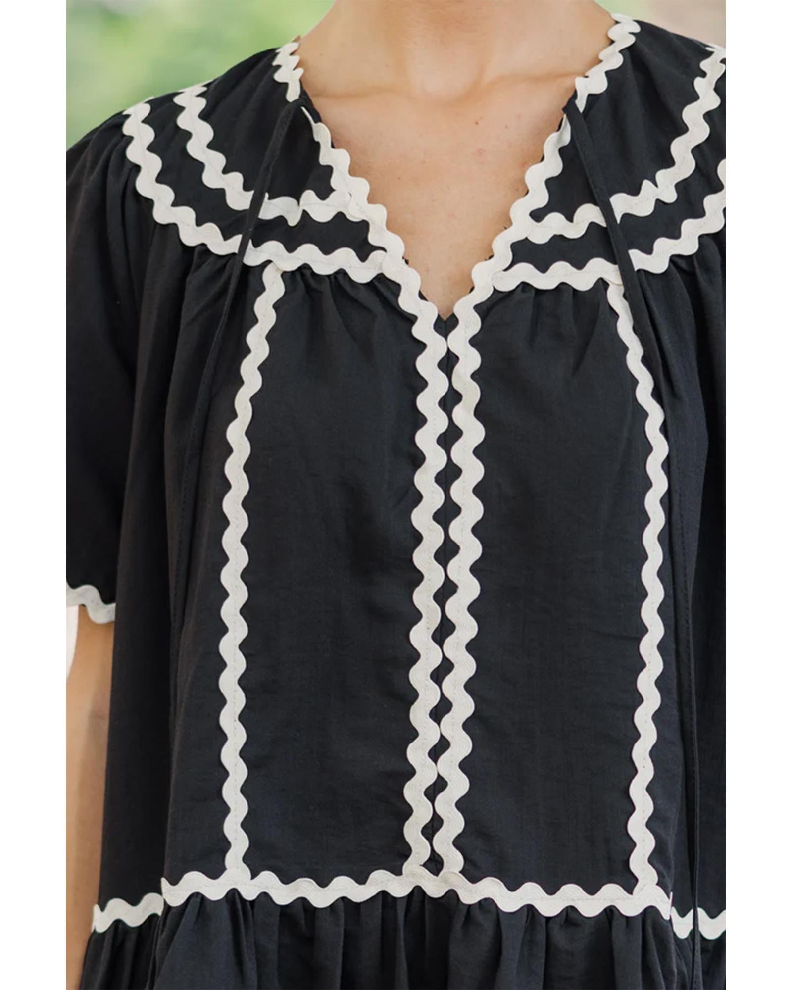 Black Contrast Ricrac Trim Short Sleeve V Neck Loose Mini Dress - M 3
