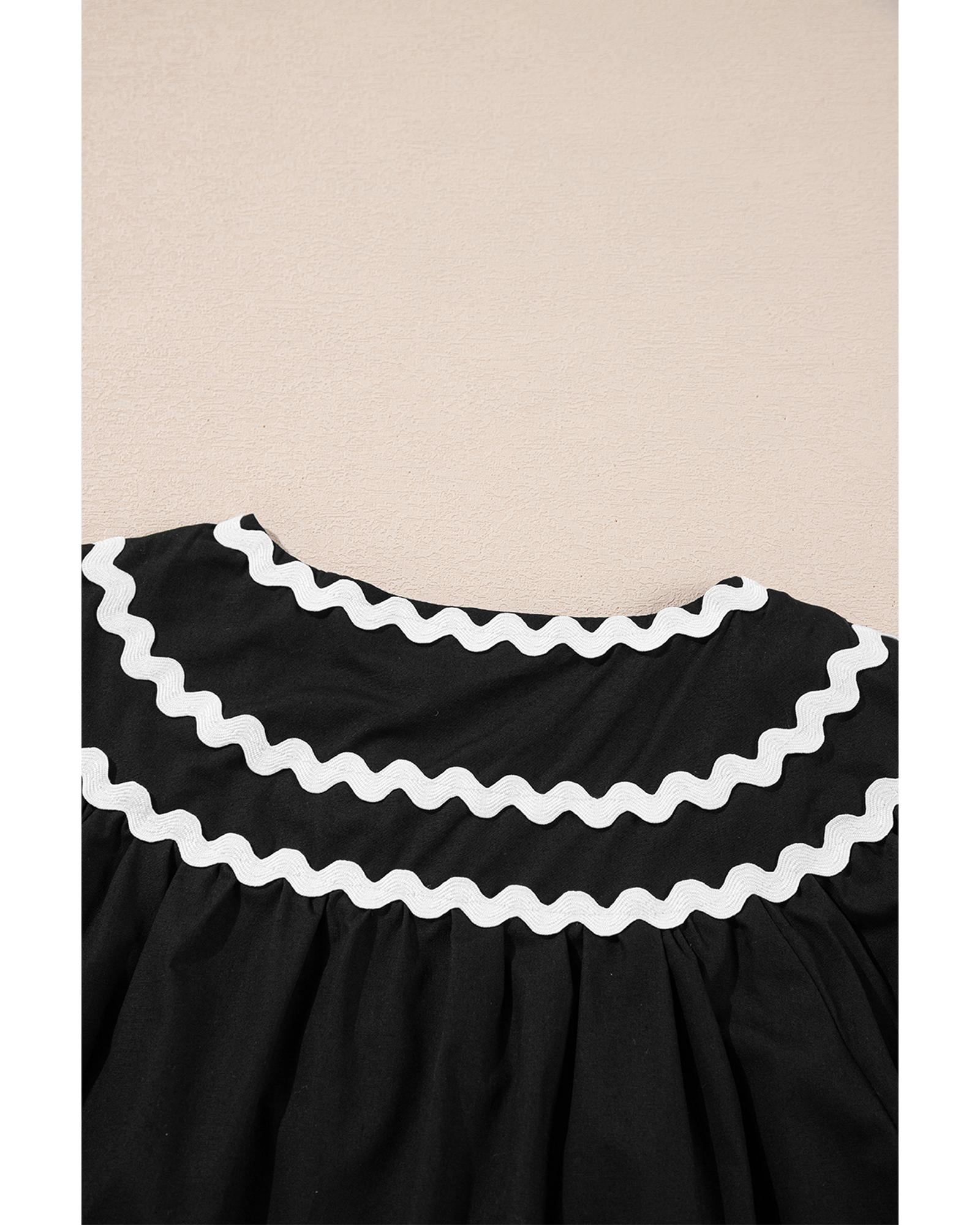 Black Contrast Ricrac Trim Short Sleeve V Neck Loose Mini Dress - M 6