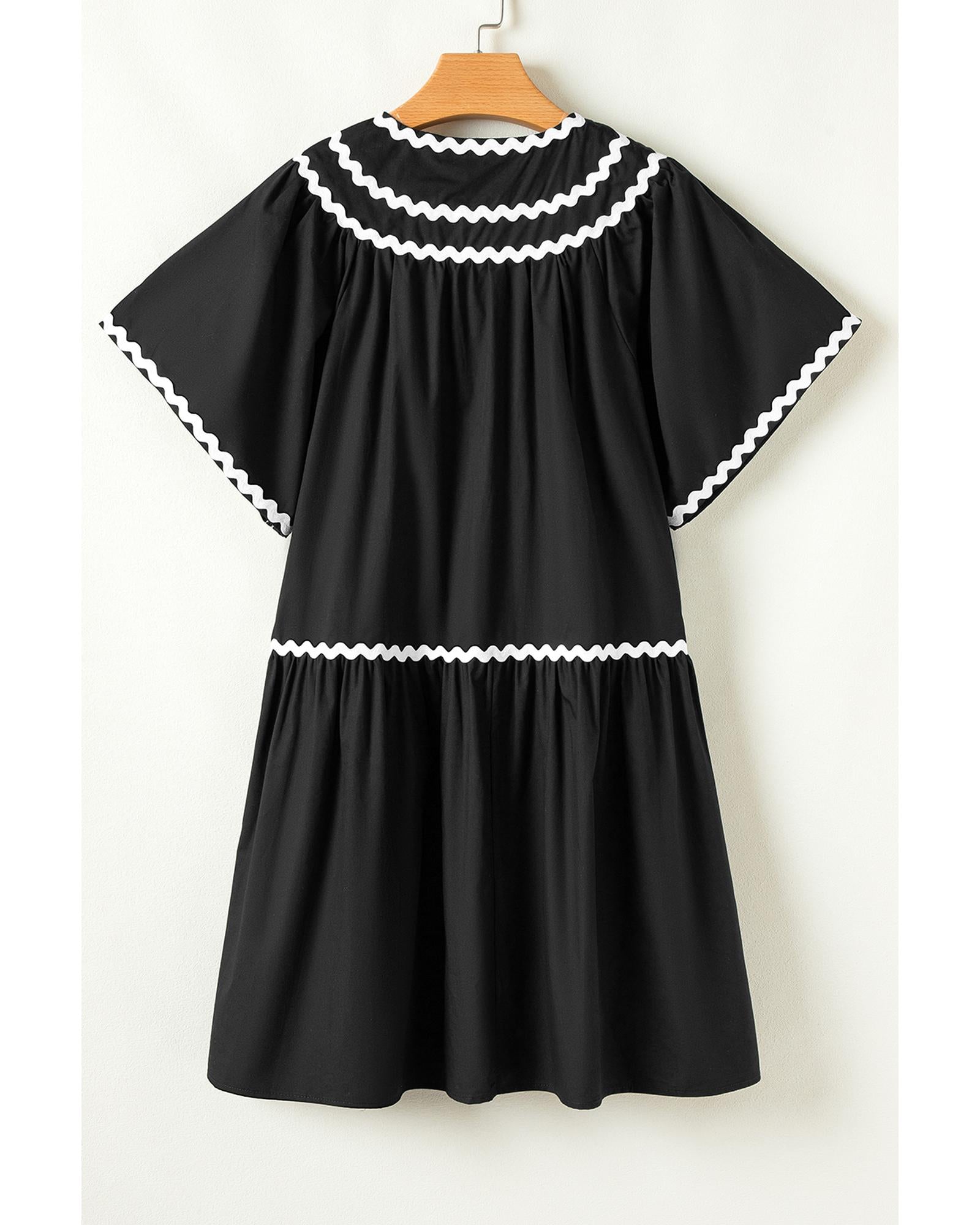 Black Contrast Ricrac Trim Short Sleeve V Neck Loose Mini Dress - M 8