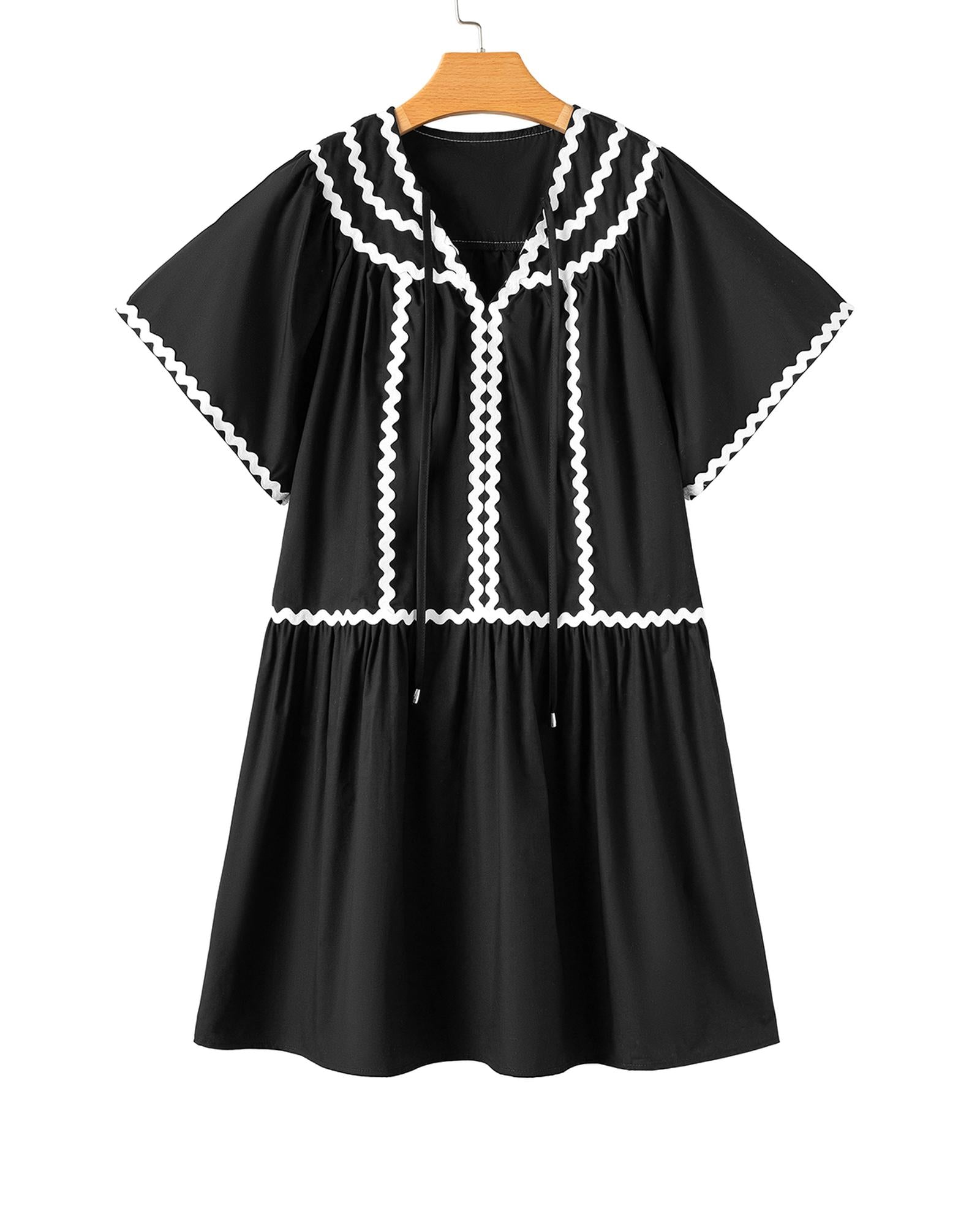 Black Contrast Ricrac Trim Short Sleeve V Neck Loose Mini Dress - XL 5