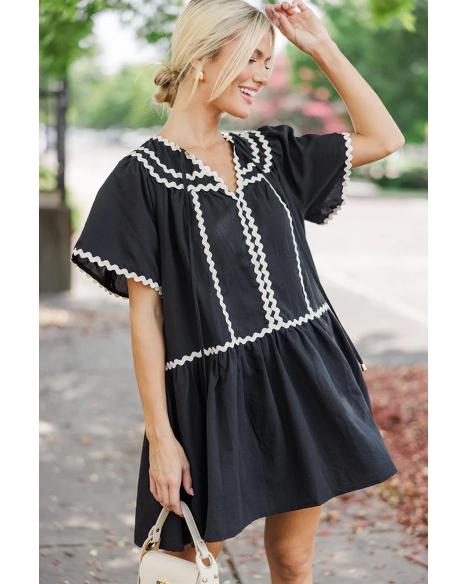 Black Contrast Ricrac Trim Short Sleeve V Neck Loose Mini Dress - XL 7