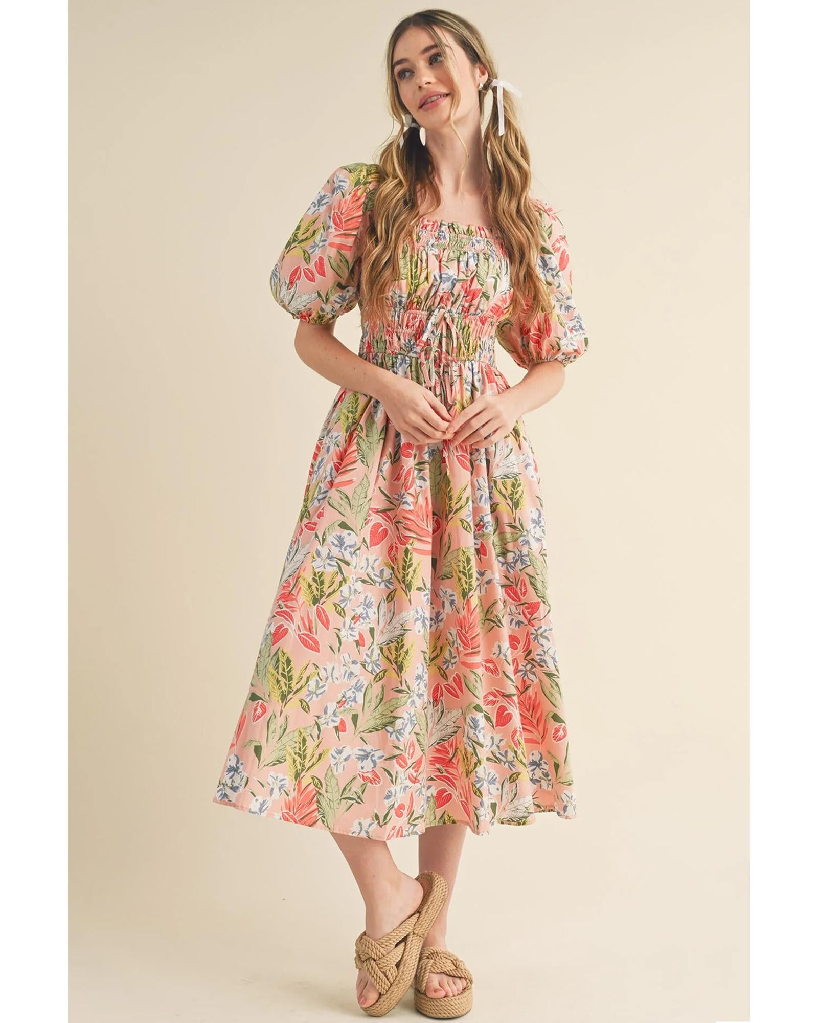 Apricot Pink Floral Smocked Bust Bubble Short Sleeve Maxi Dress - L 3