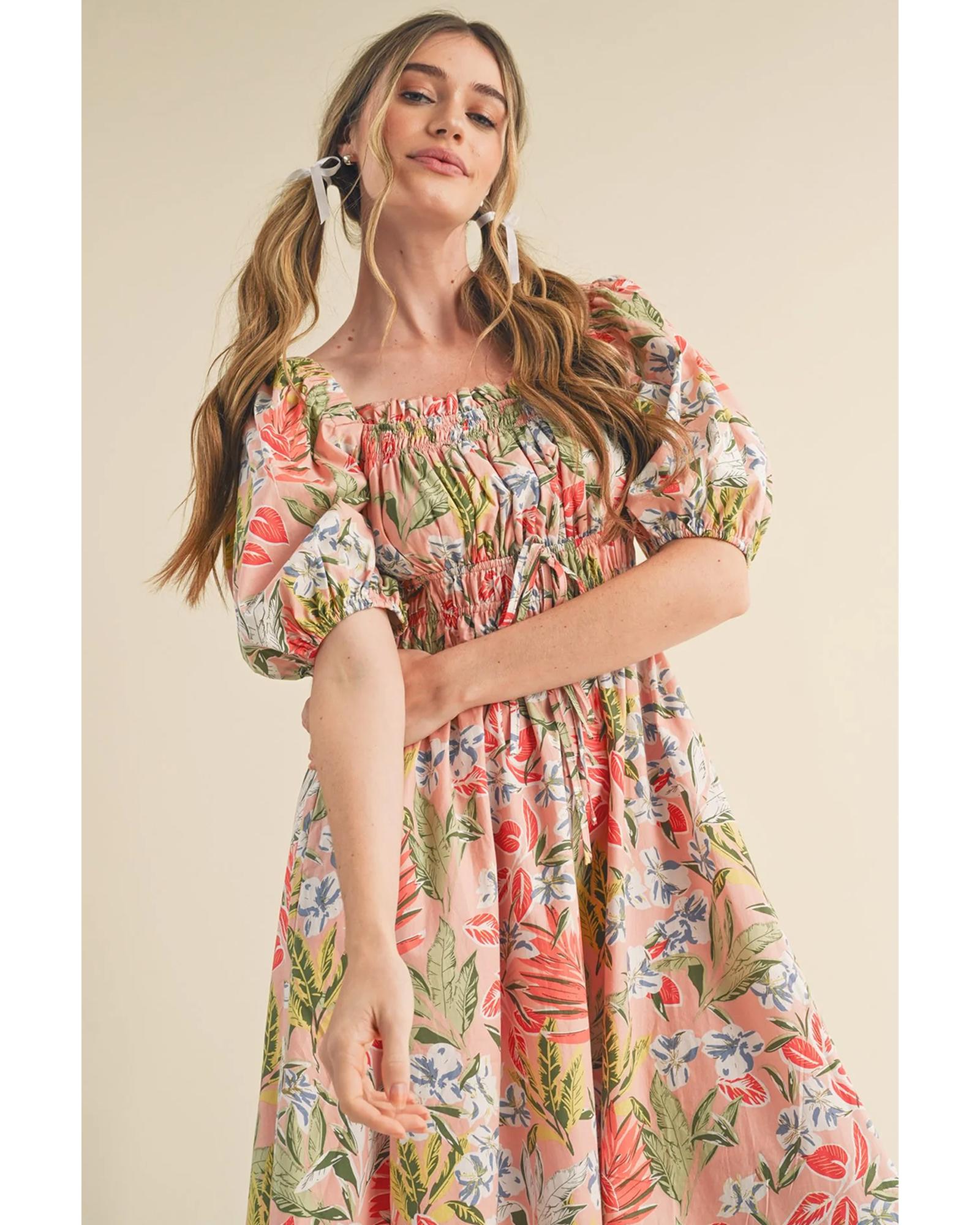 Apricot Pink Floral Smocked Bust Bubble Short Sleeve Maxi Dress - L 5
