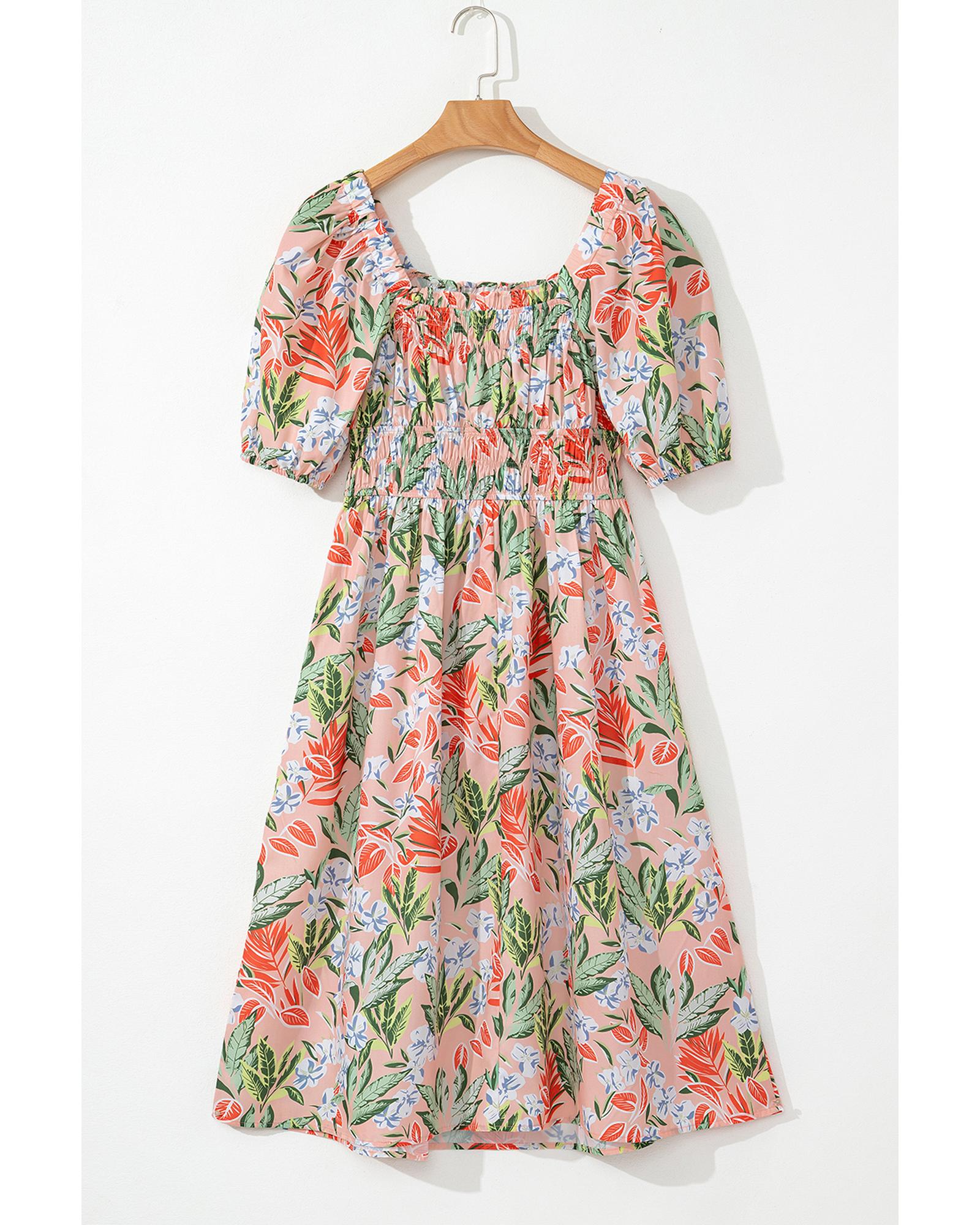 Apricot Pink Floral Smocked Bust Bubble Short Sleeve Maxi Dress - L 6