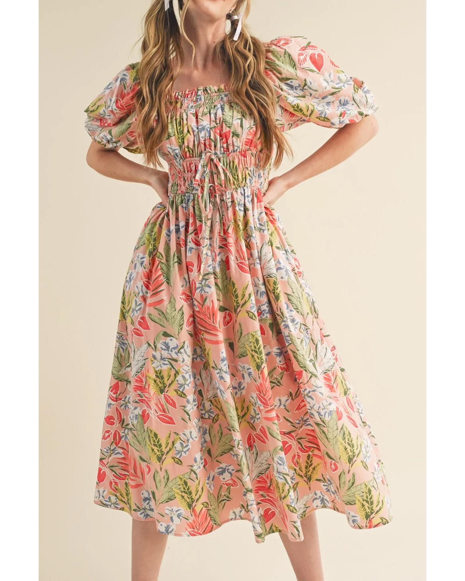 Apricot Pink Floral Smocked Bust Bubble Short Sleeve Maxi Dress - S