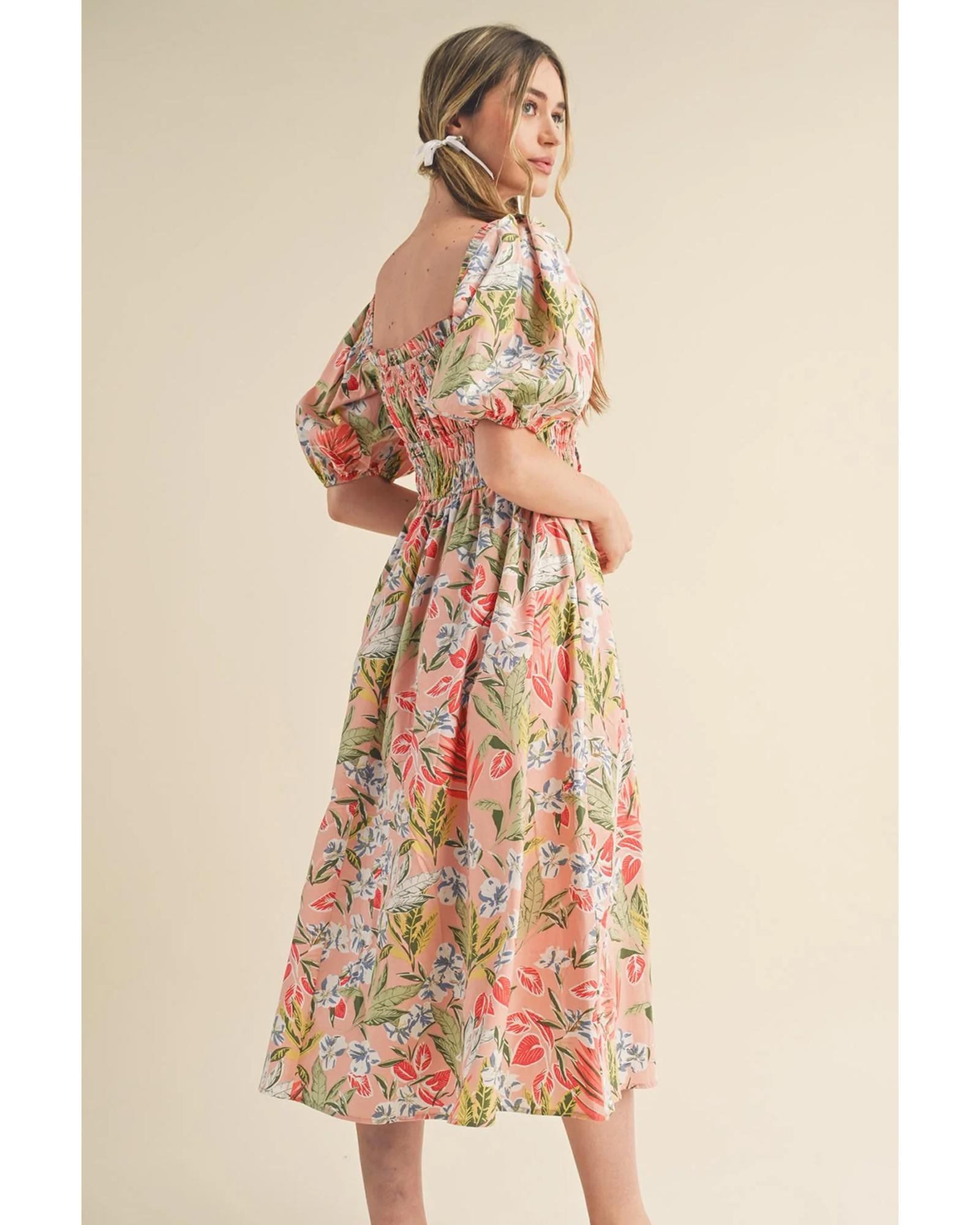 Apricot Pink Floral Smocked Bust Bubble Short Sleeve Maxi Dress - S
