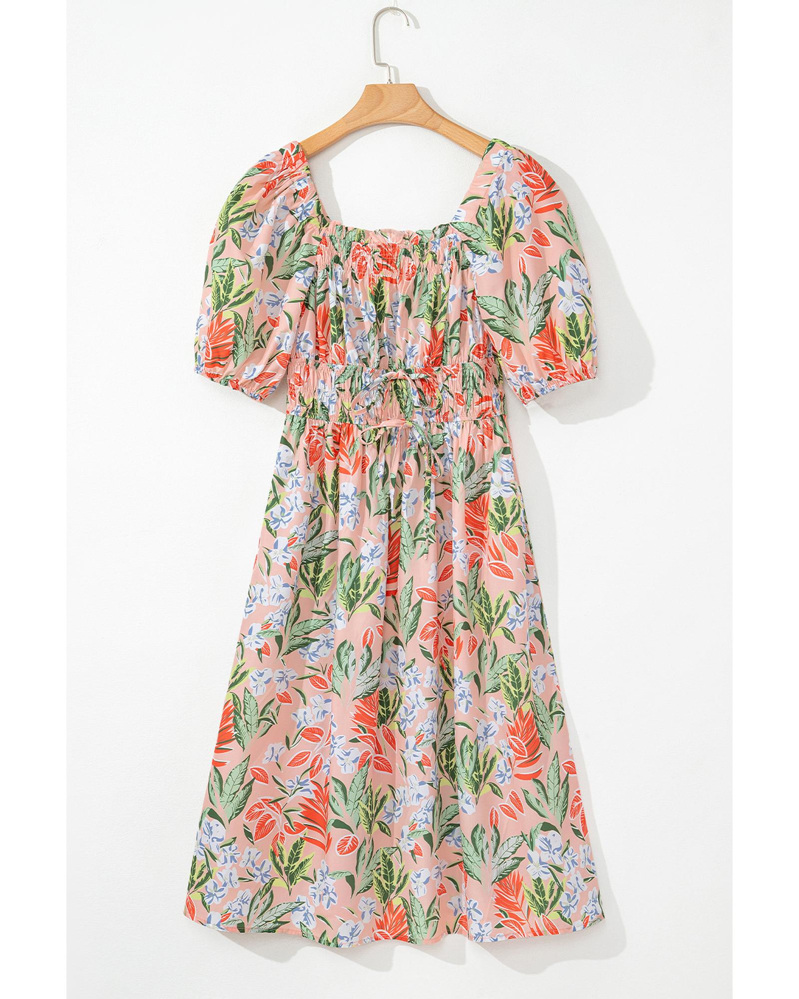 Apricot Pink Floral Smocked Bust Bubble Short Sleeve Maxi Dress - S 5