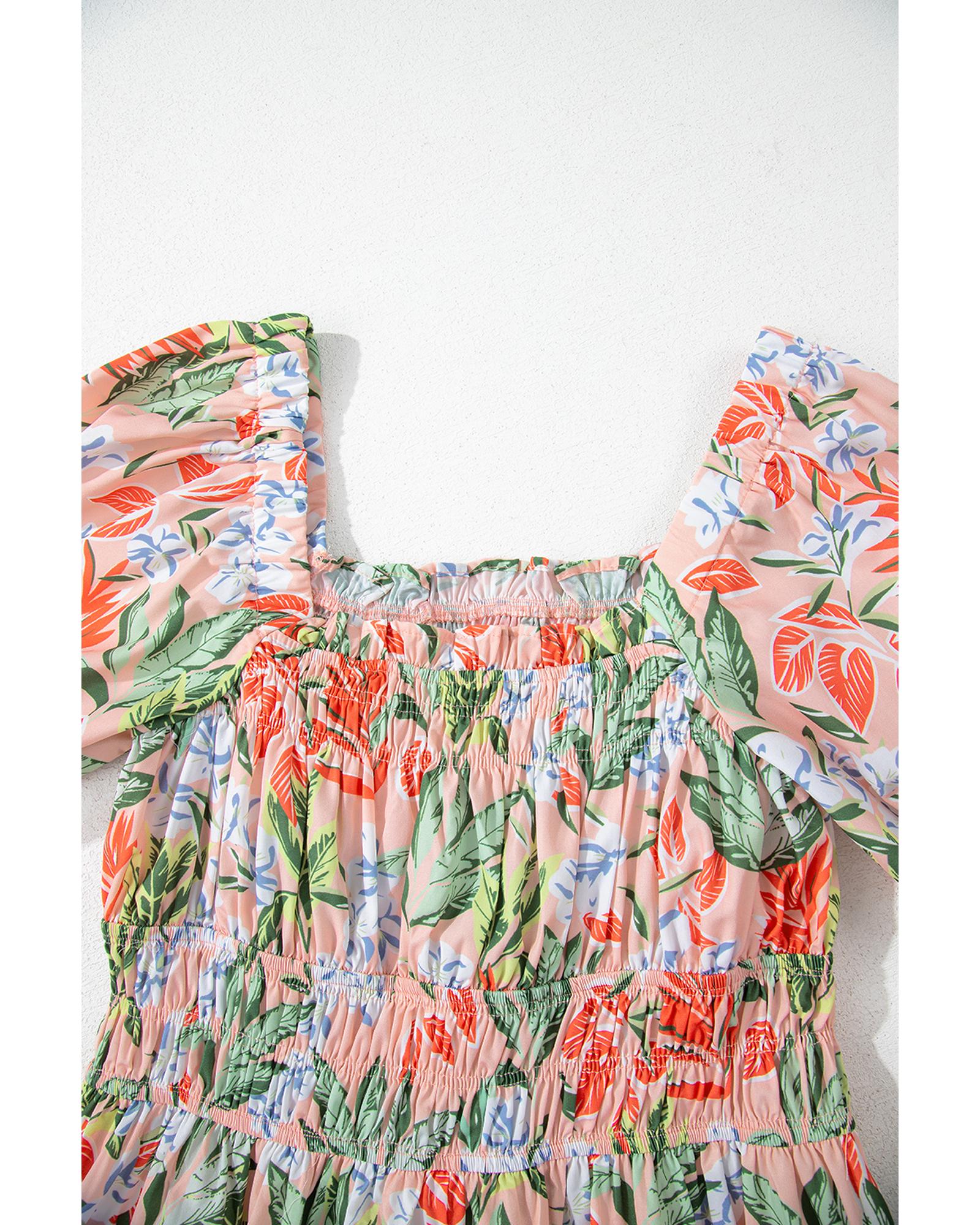 Apricot Pink Floral Smocked Bust Bubble Short Sleeve Maxi Dress - S 6