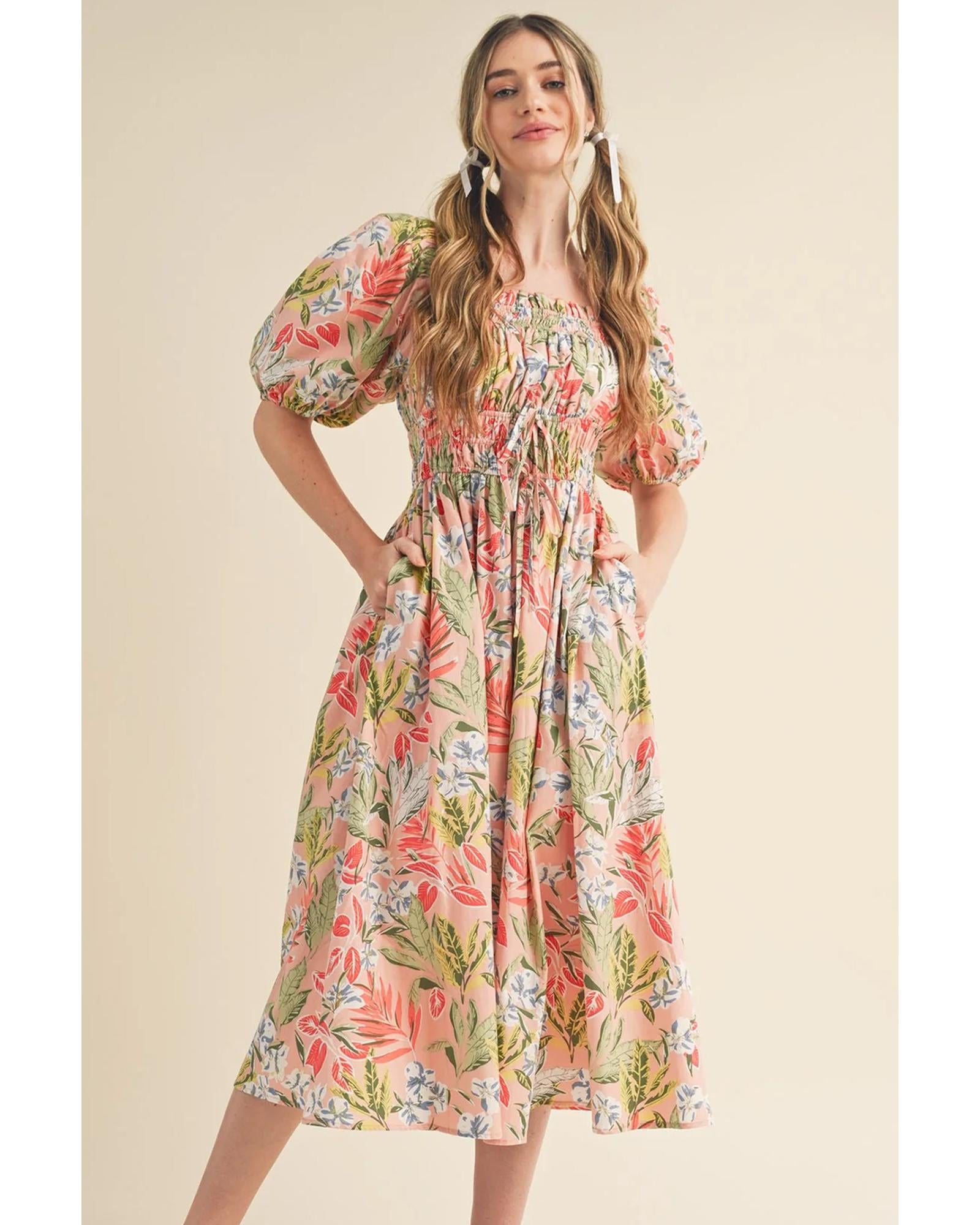 Apricot Pink Floral Smocked Bust Bubble Short Sleeve Maxi Dress - XL 4