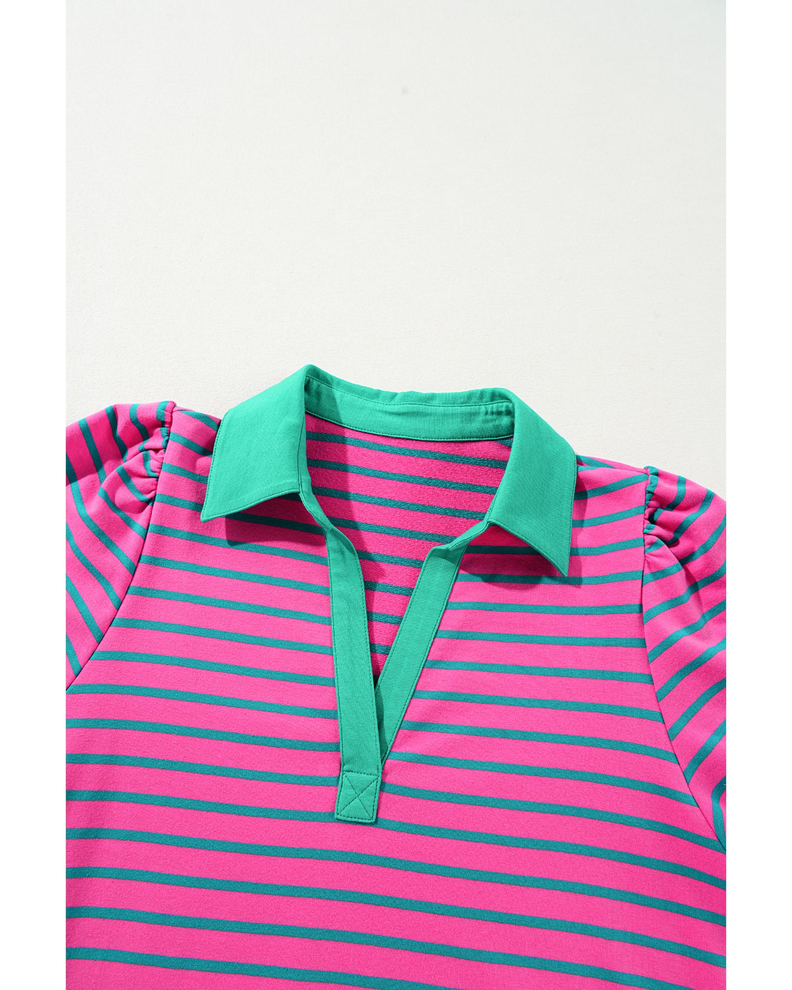 Azura Exchange Pink Stripe Collared V Neck Puff Sleeve T Shirt Dress - M