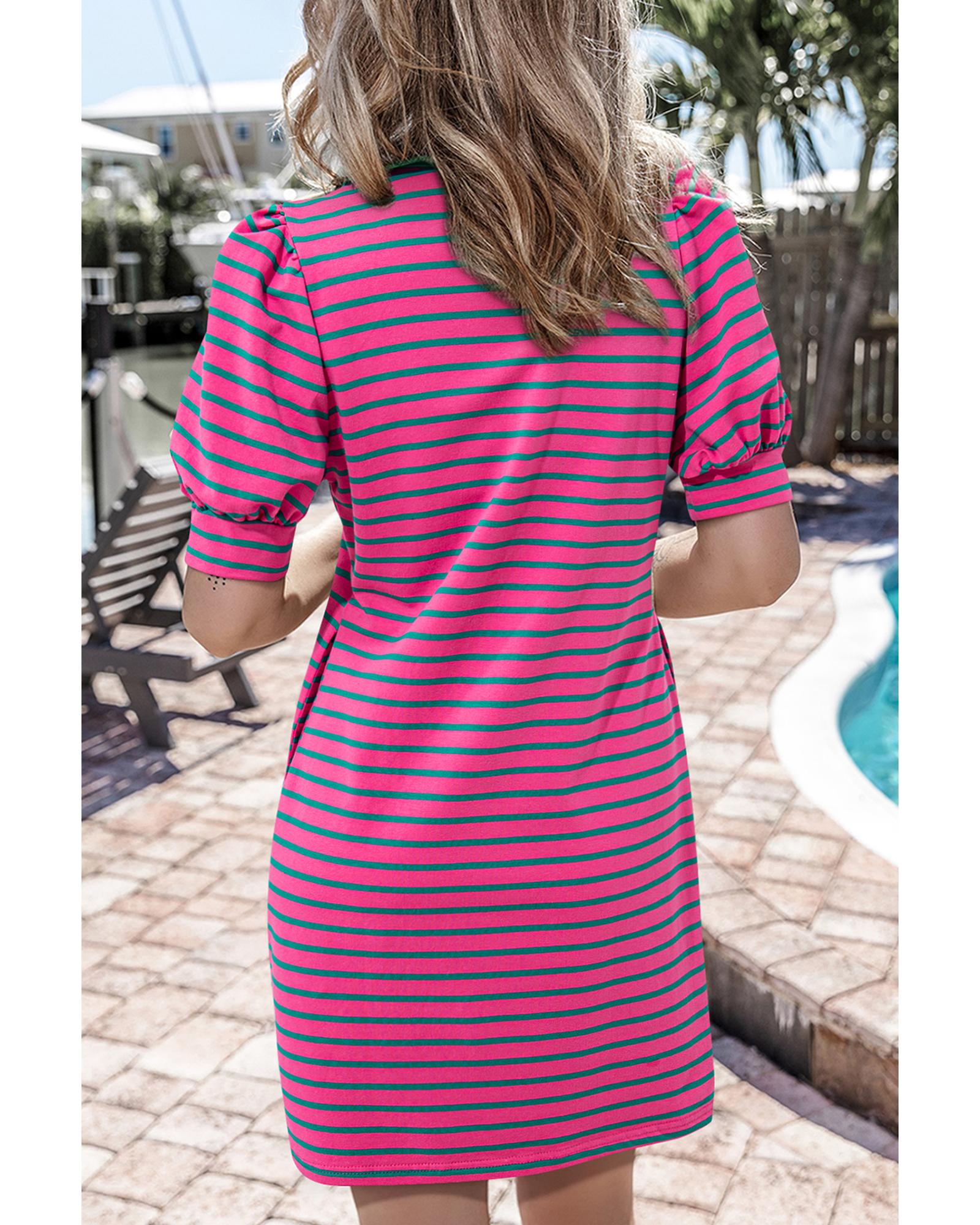 Azura Exchange Pink Stripe Collared V Neck Puff Sleeve T Shirt Dress - S