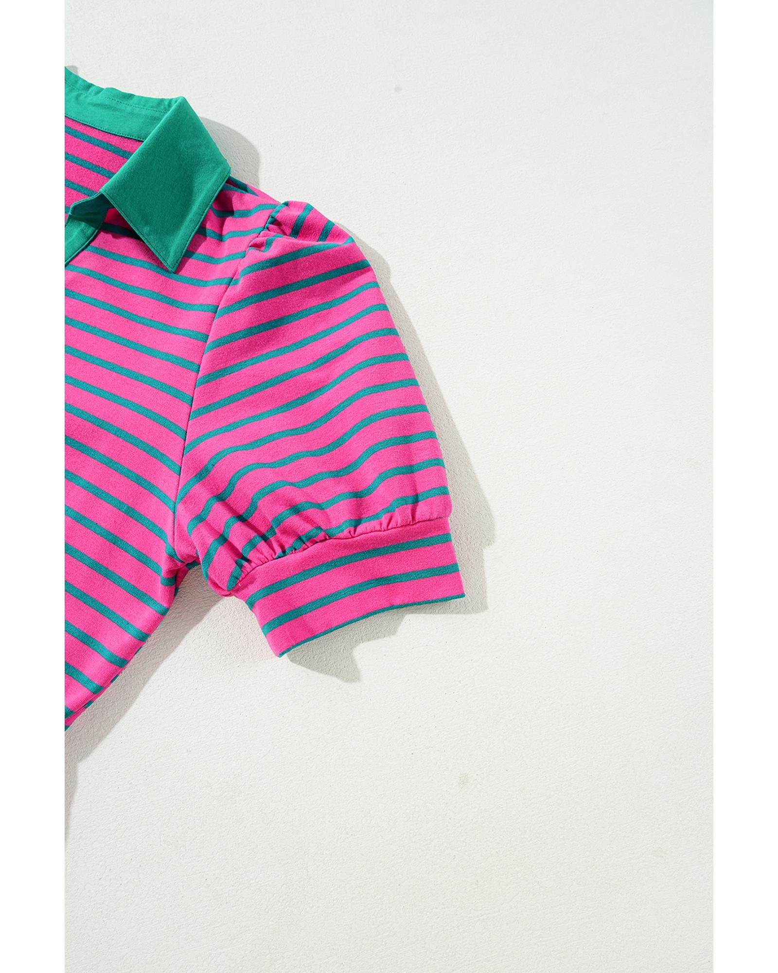 Azura Exchange Pink Stripe Collared V Neck Puff Sleeve T Shirt Dress - S 4