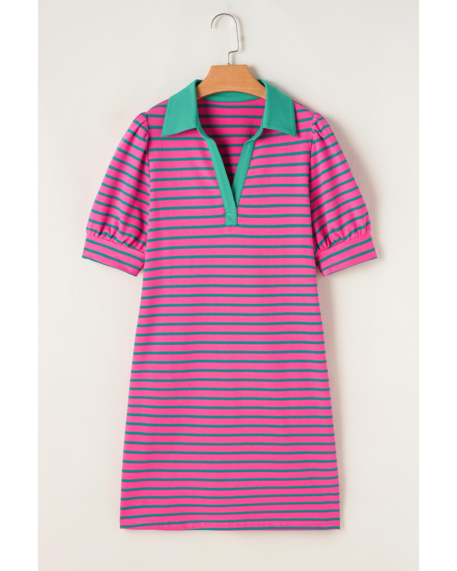 Azura Exchange Pink Stripe Collared V Neck Puff Sleeve T Shirt Dress - XL 4