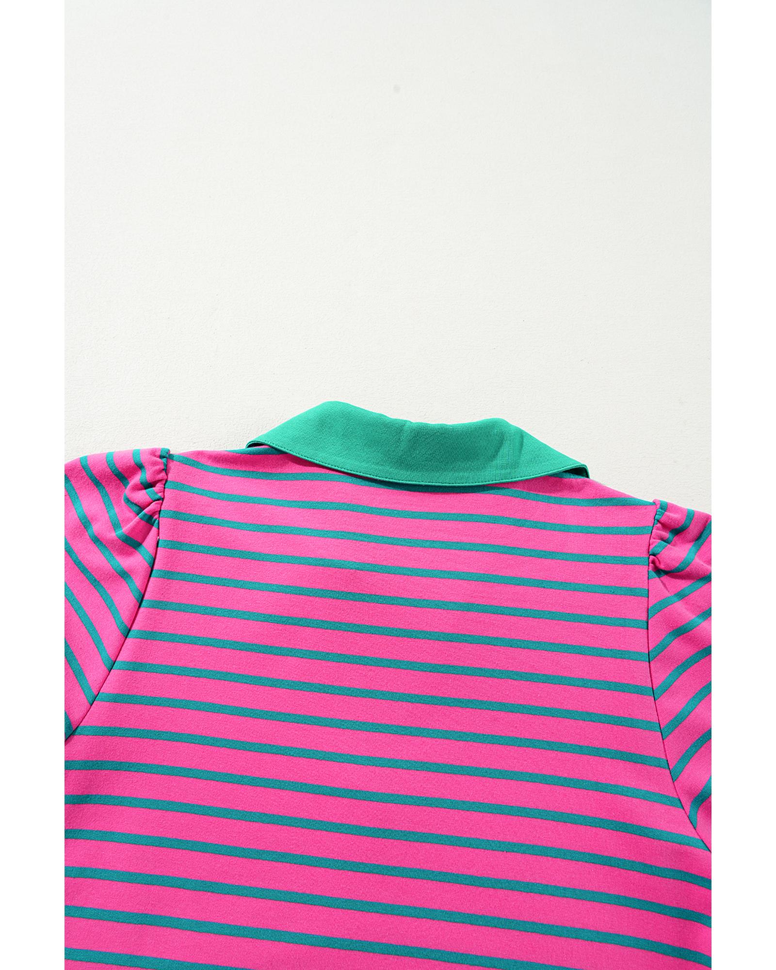 Azura Exchange Pink Stripe Collared V Neck Puff Sleeve T Shirt Dress - XL 6