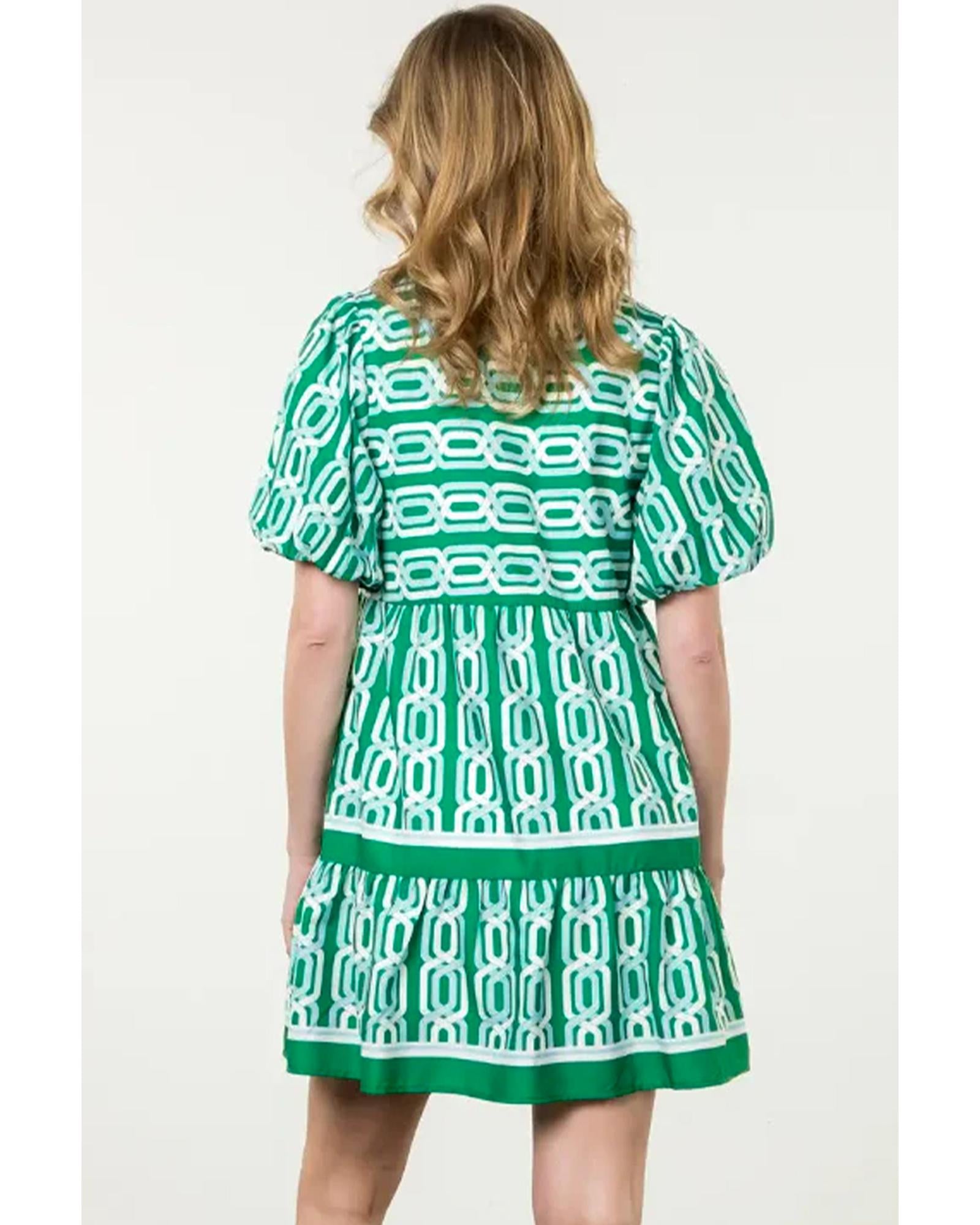 Bright Green Abstract Patterned V Neck Puff Short Sleeve Mini Dress - M