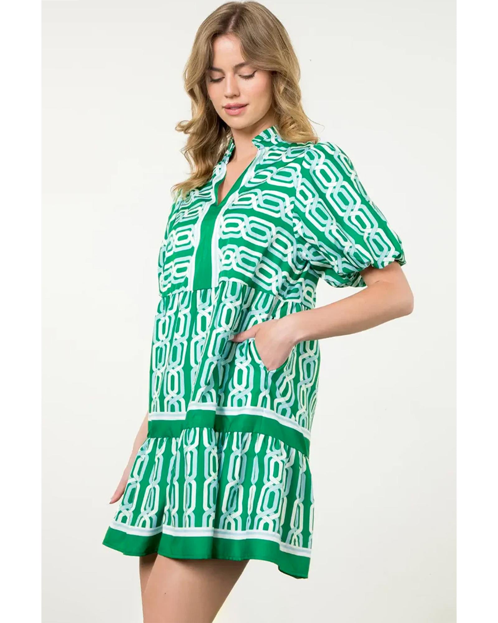 Bright Green Abstract Patterned V Neck Puff Short Sleeve Mini Dress - M 3