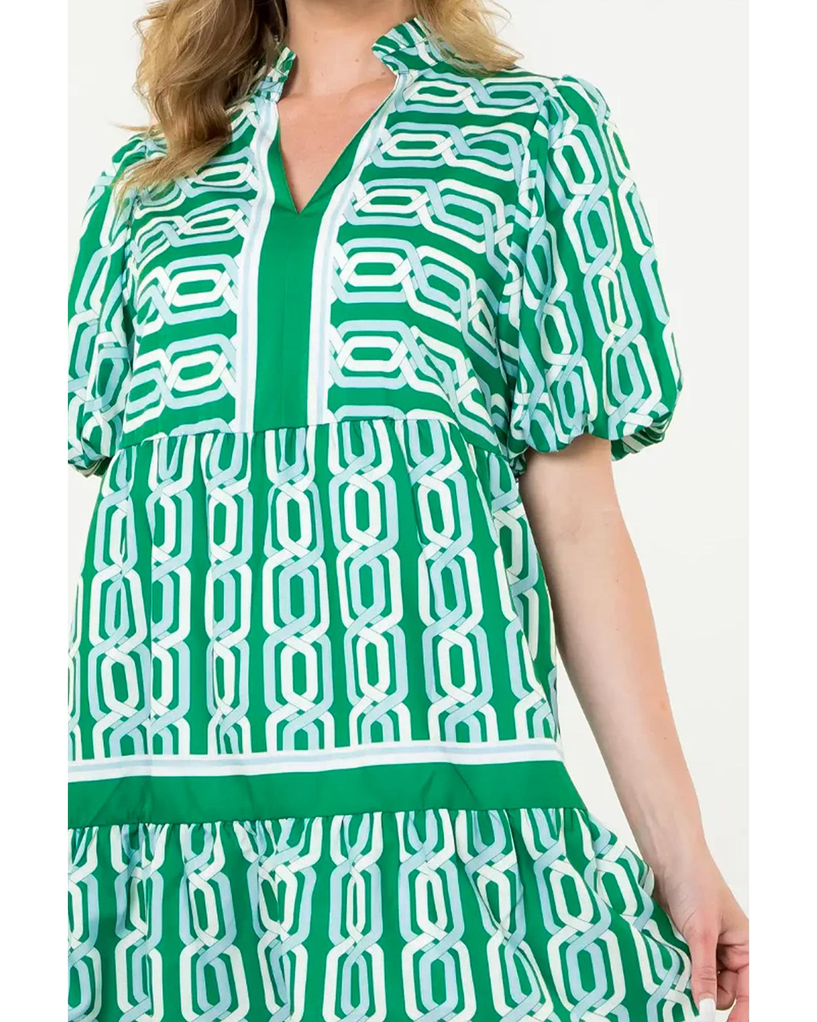 Bright Green Abstract Patterned V Neck Puff Short Sleeve Mini Dress - M 4