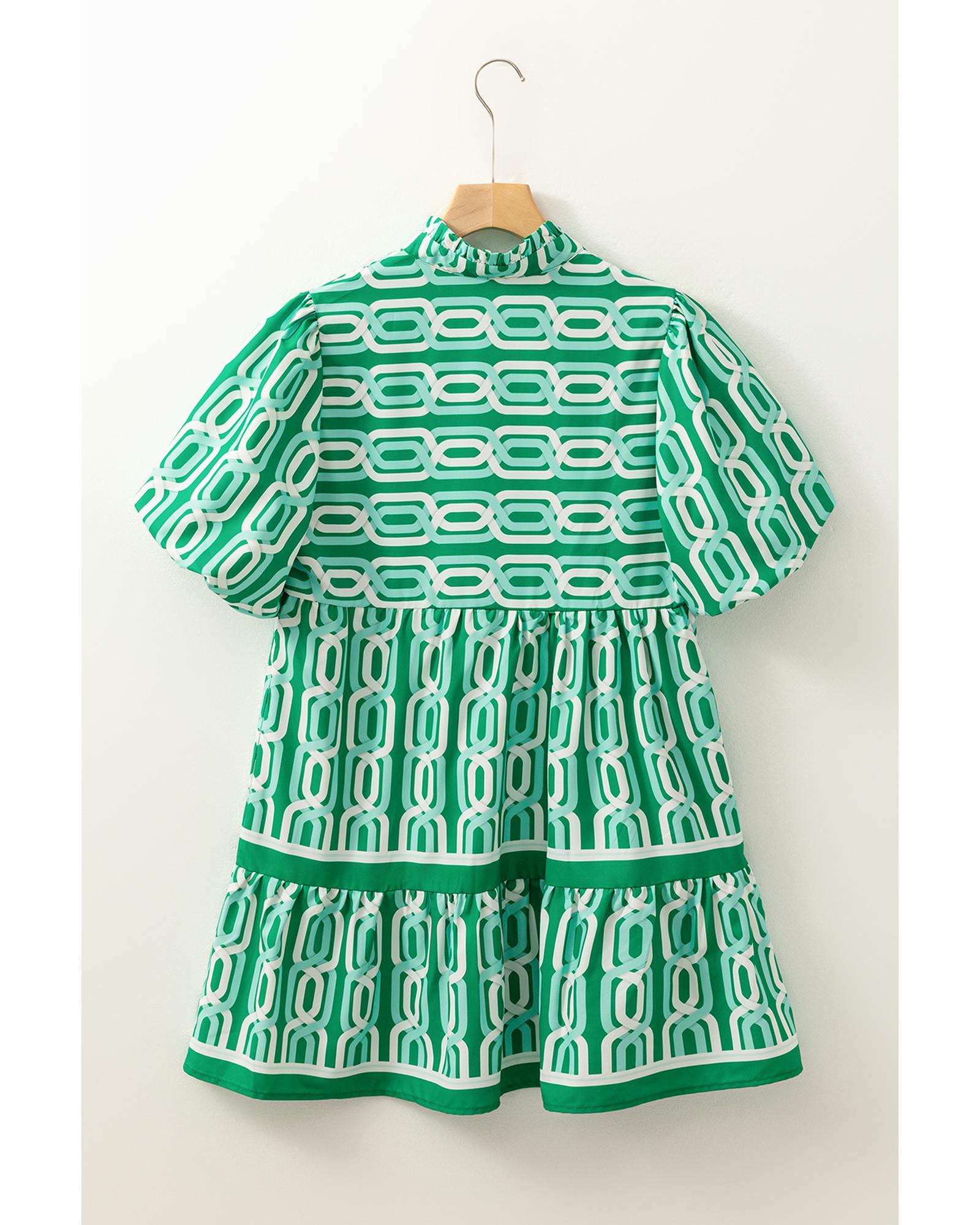 Bright Green Abstract Patterned V Neck Puff Short Sleeve Mini Dress - M 6