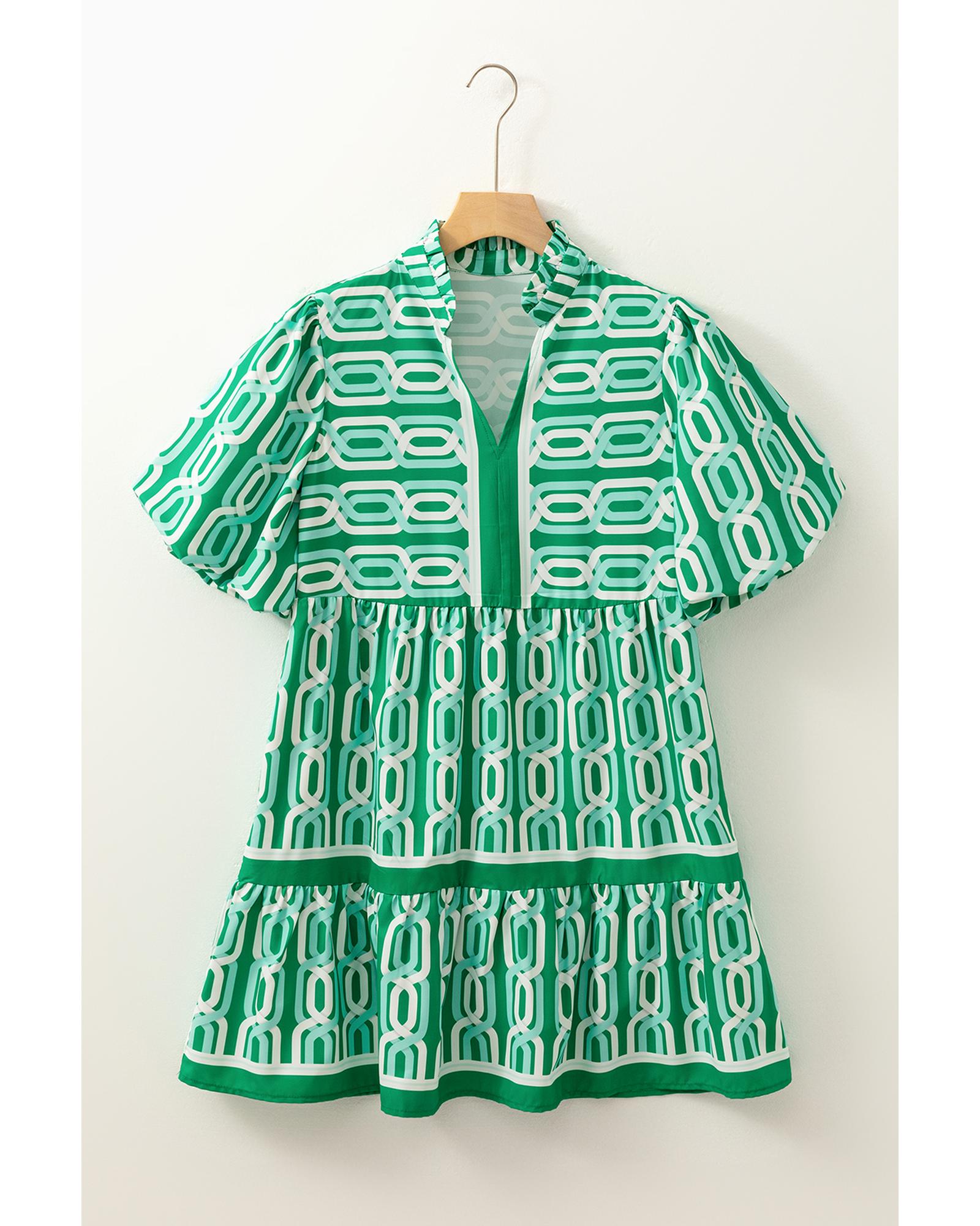 Bright Green Abstract Patterned V Neck Puff Short Sleeve Mini Dress - XL 5