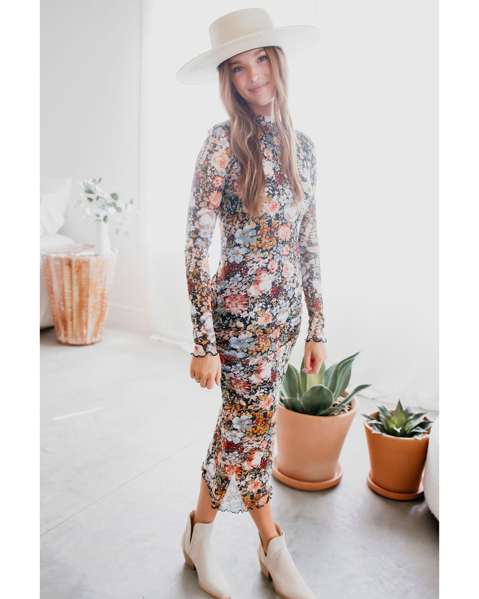 Brown Floral Allover Print Mock Neck Bodycon Long Sleeve Midi Dress - L 4