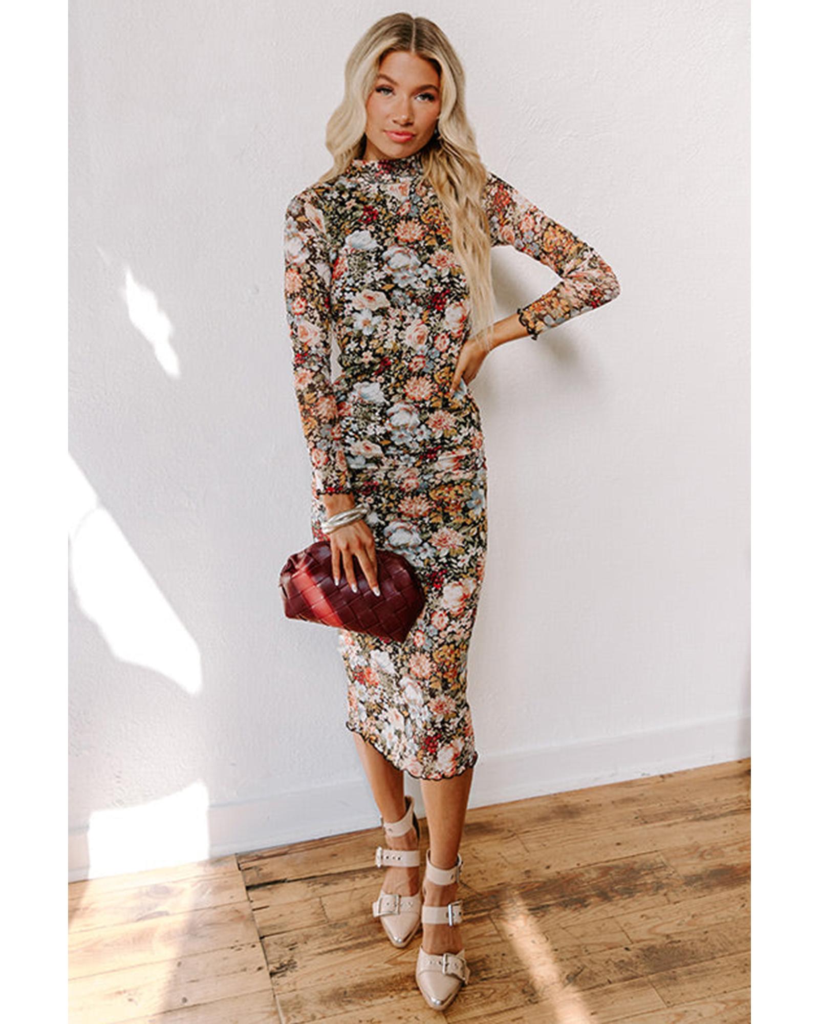 Brown Floral Allover Print Mock Neck Bodycon Long Sleeve Midi Dress - L 5