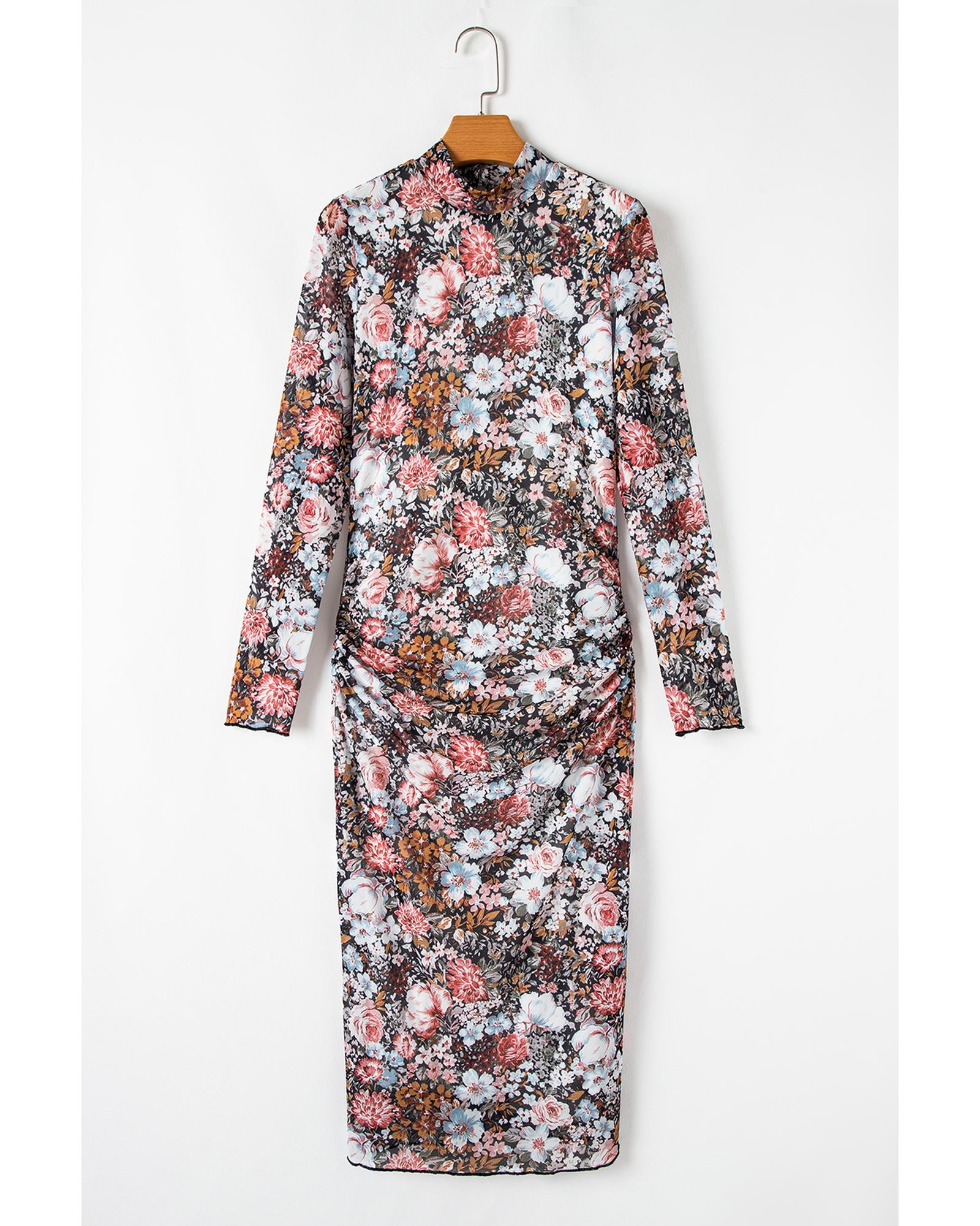 Brown Floral Allover Print Mock Neck Bodycon Long Sleeve Midi Dress - L 6