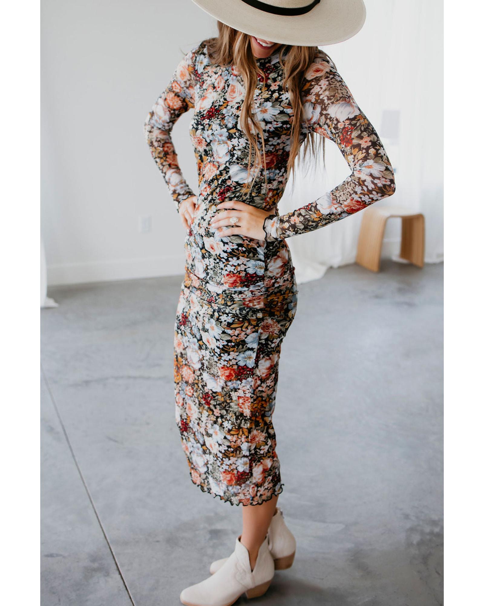Brown Floral Allover Print Mock Neck Bodycon Long Sleeve Midi Dress - L 7
