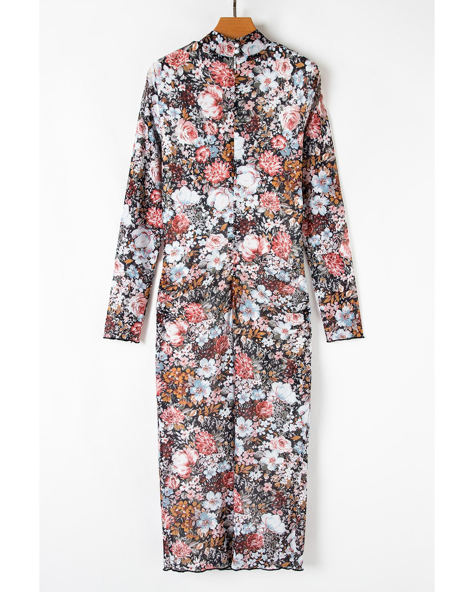 Brown Floral Allover Print Mock Neck Bodycon Long Sleeve Midi Dress - M