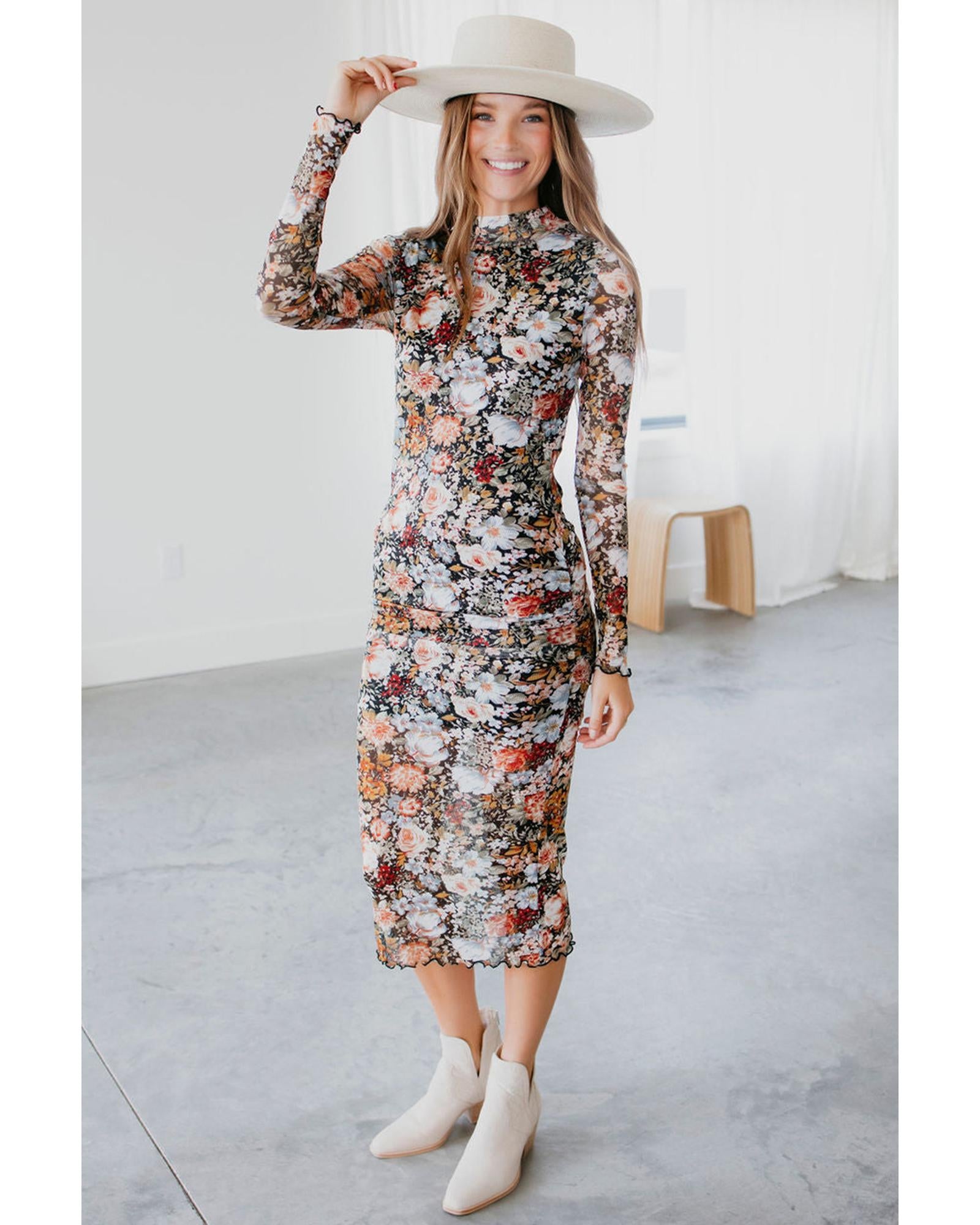 Brown Floral Allover Print Mock Neck Bodycon Long Sleeve Midi Dress - S