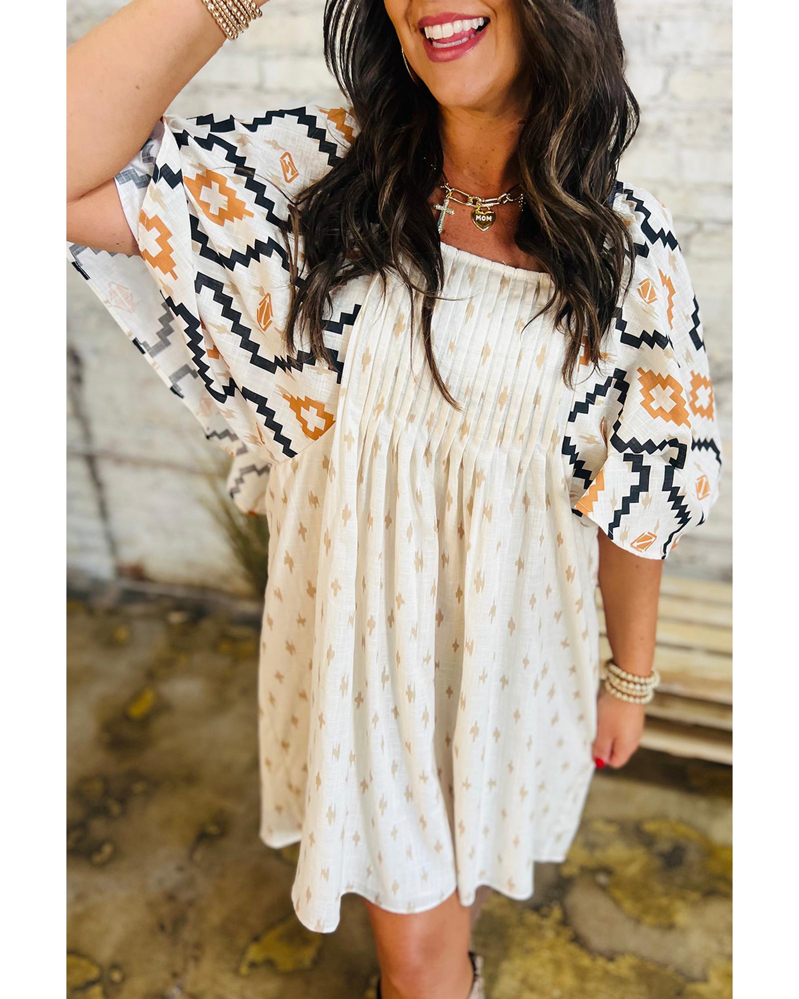 Beige Western Aztec Print Pleated Square Neck Loose Mini Dress - S