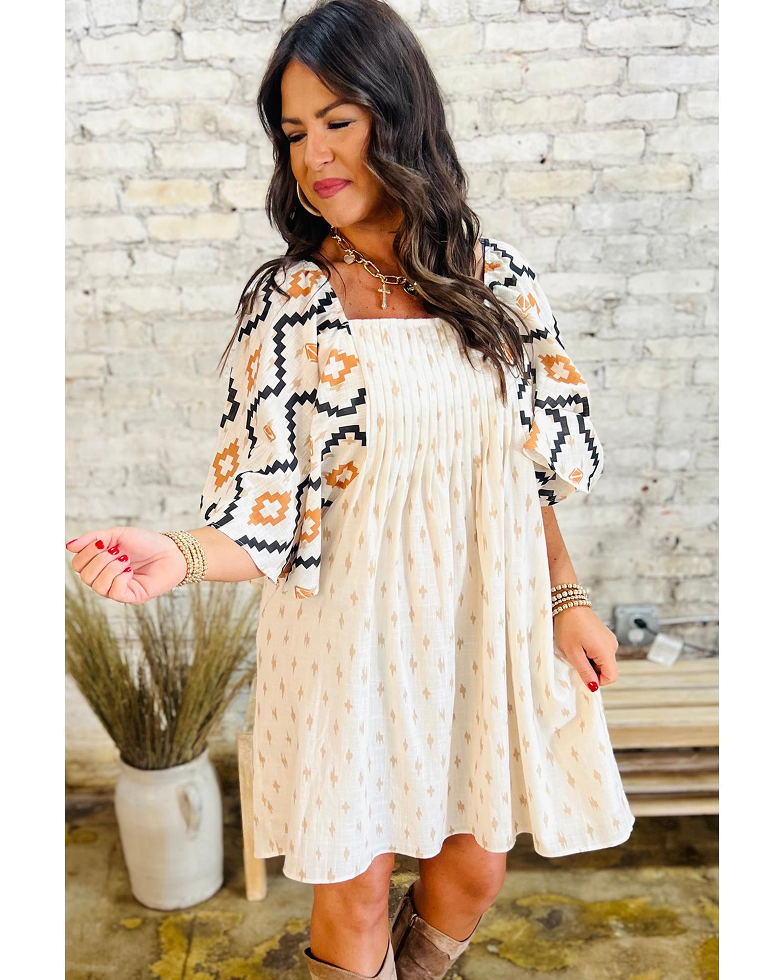 Beige Western Aztec Print Pleated Square Neck Loose Mini Dress - S 7