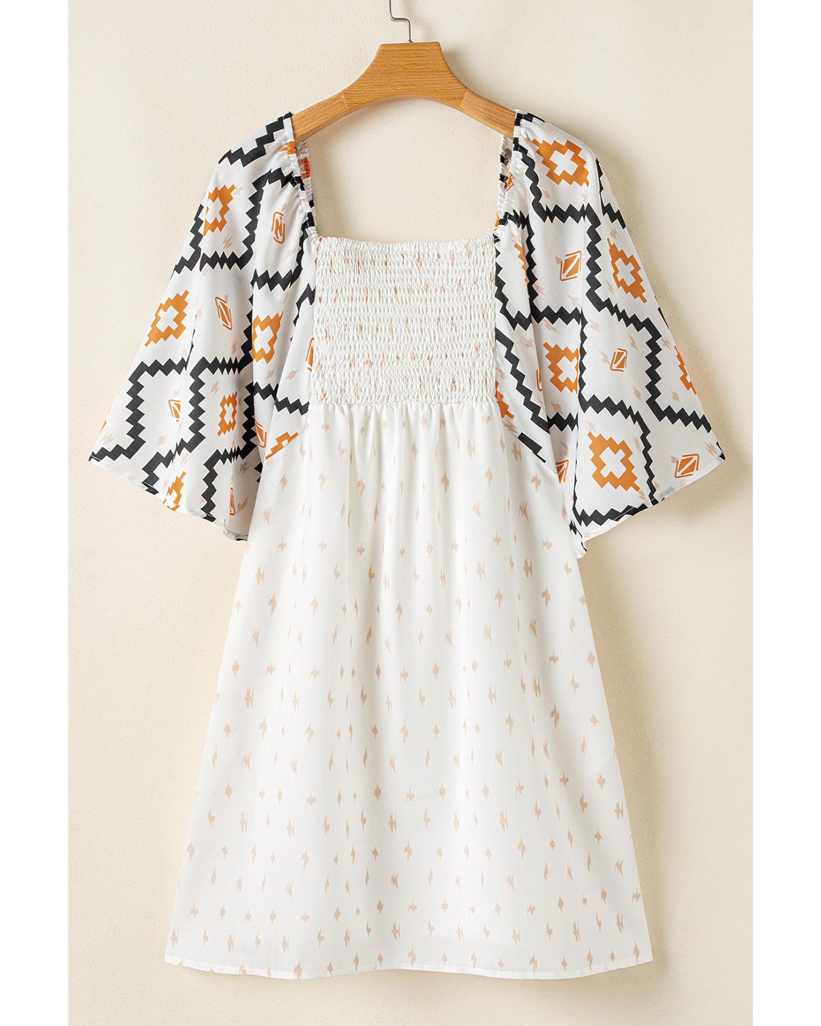 Beige Western Aztec Print Pleated Square Neck Loose Mini Dress - S 8