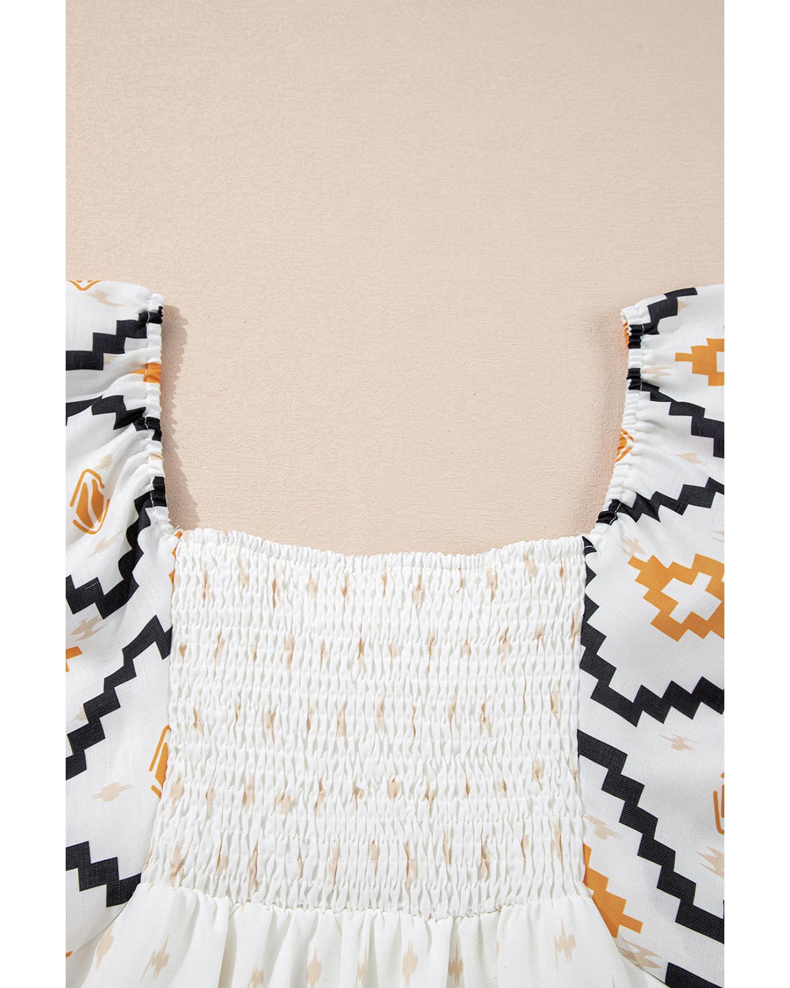 Beige Western Aztec Print Pleated Square Neck Loose Mini Dress - XL
