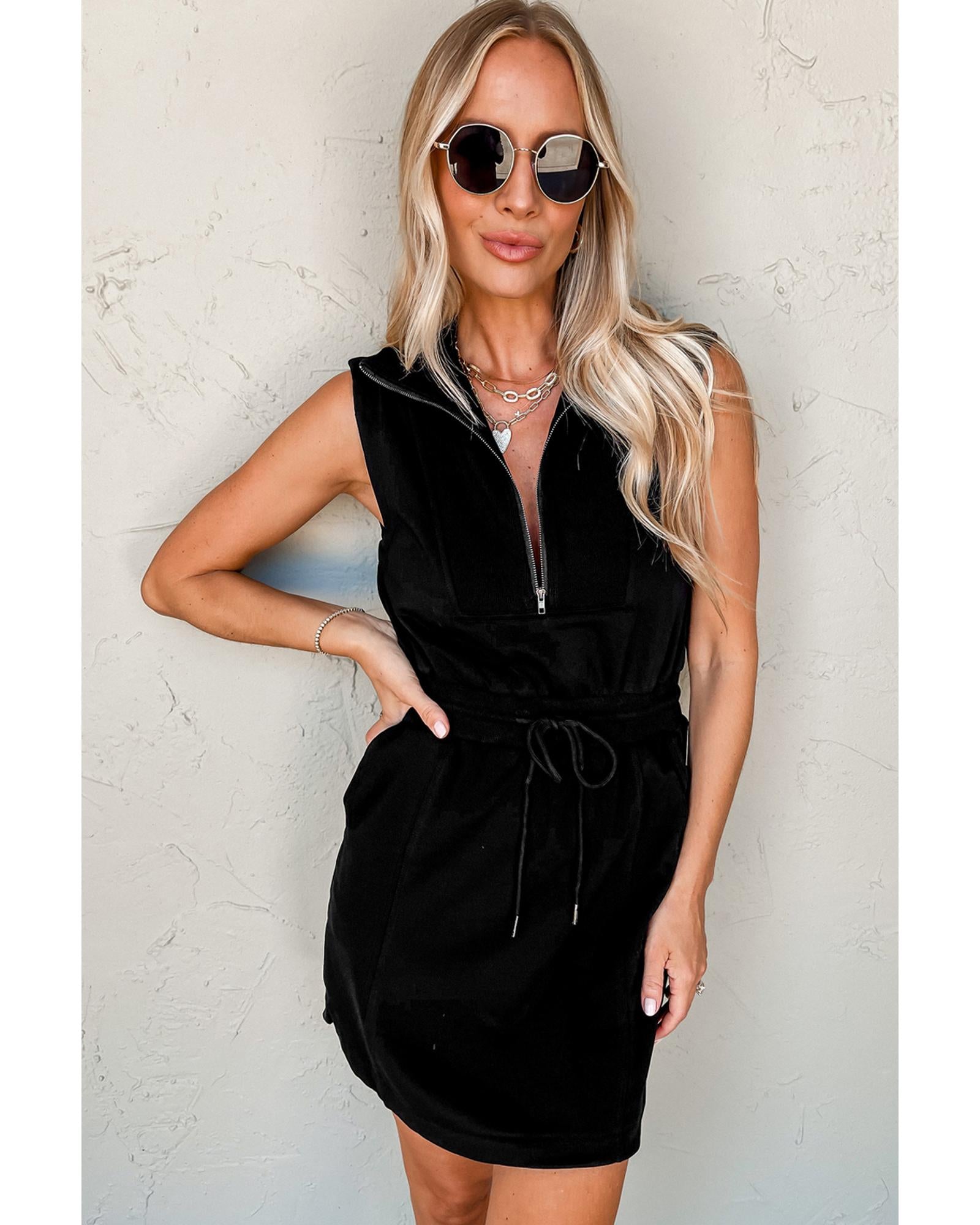 Black French Terry Zipped Collar Sleeveless Drawstring Waist Mini Dress - M