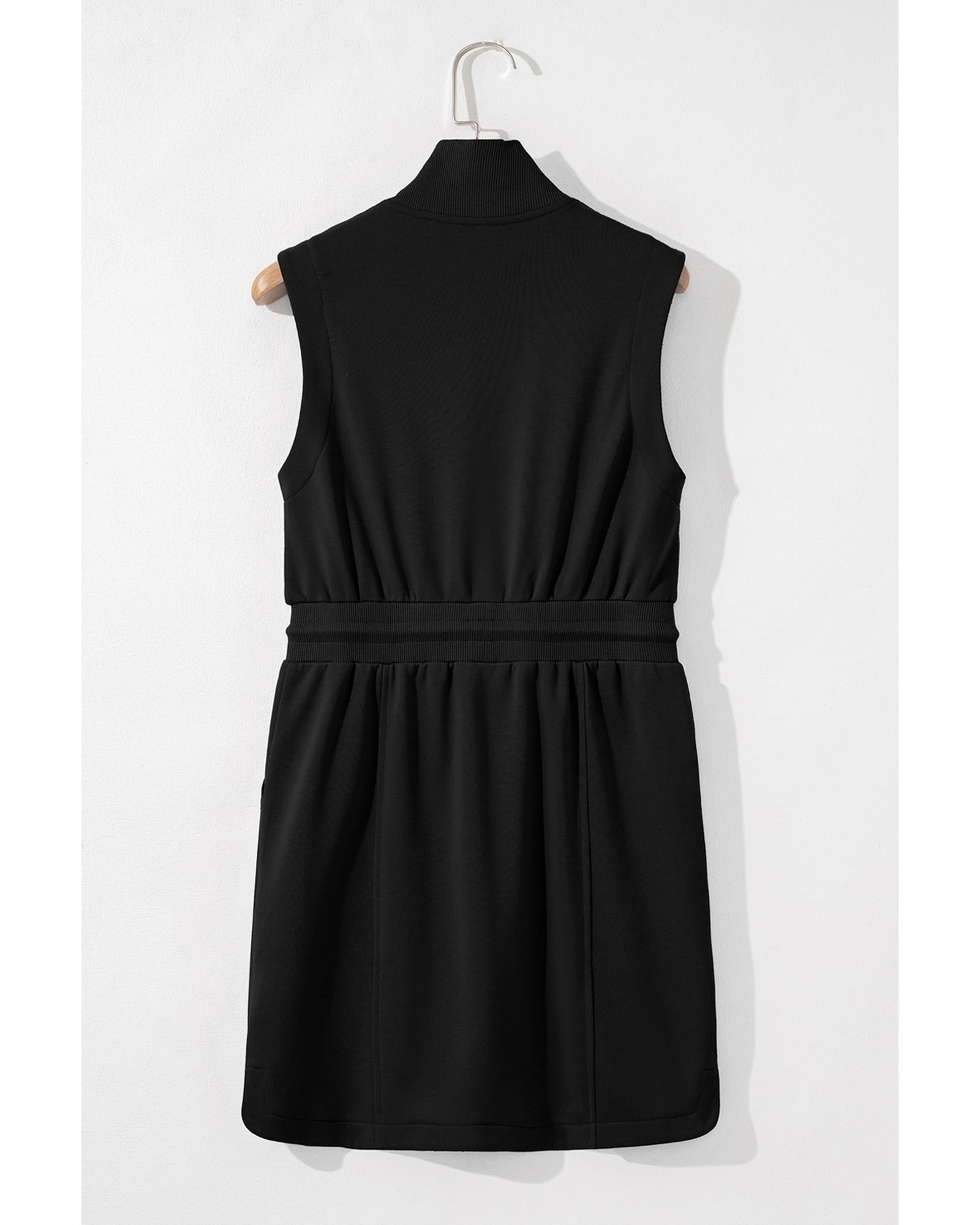 Black French Terry Zipped Collar Sleeveless Drawstring Waist Mini Dress - M 4
