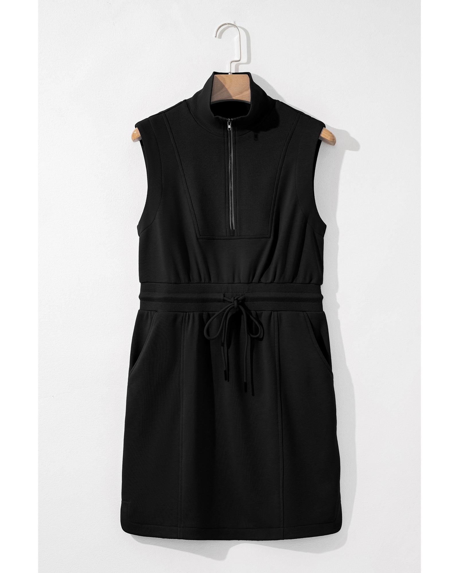 Black French Terry Zipped Collar Sleeveless Drawstring Waist Mini Dress - S 5