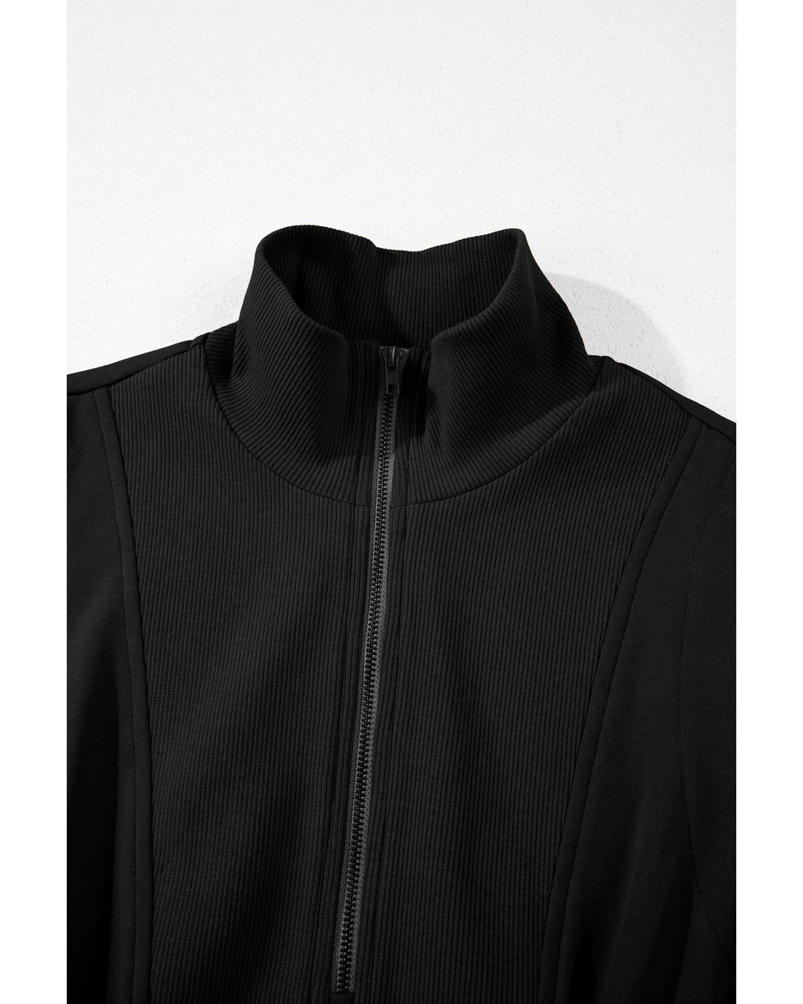 Black French Terry Zipped Collar Sleeveless Drawstring Waist Mini Dress - S 7